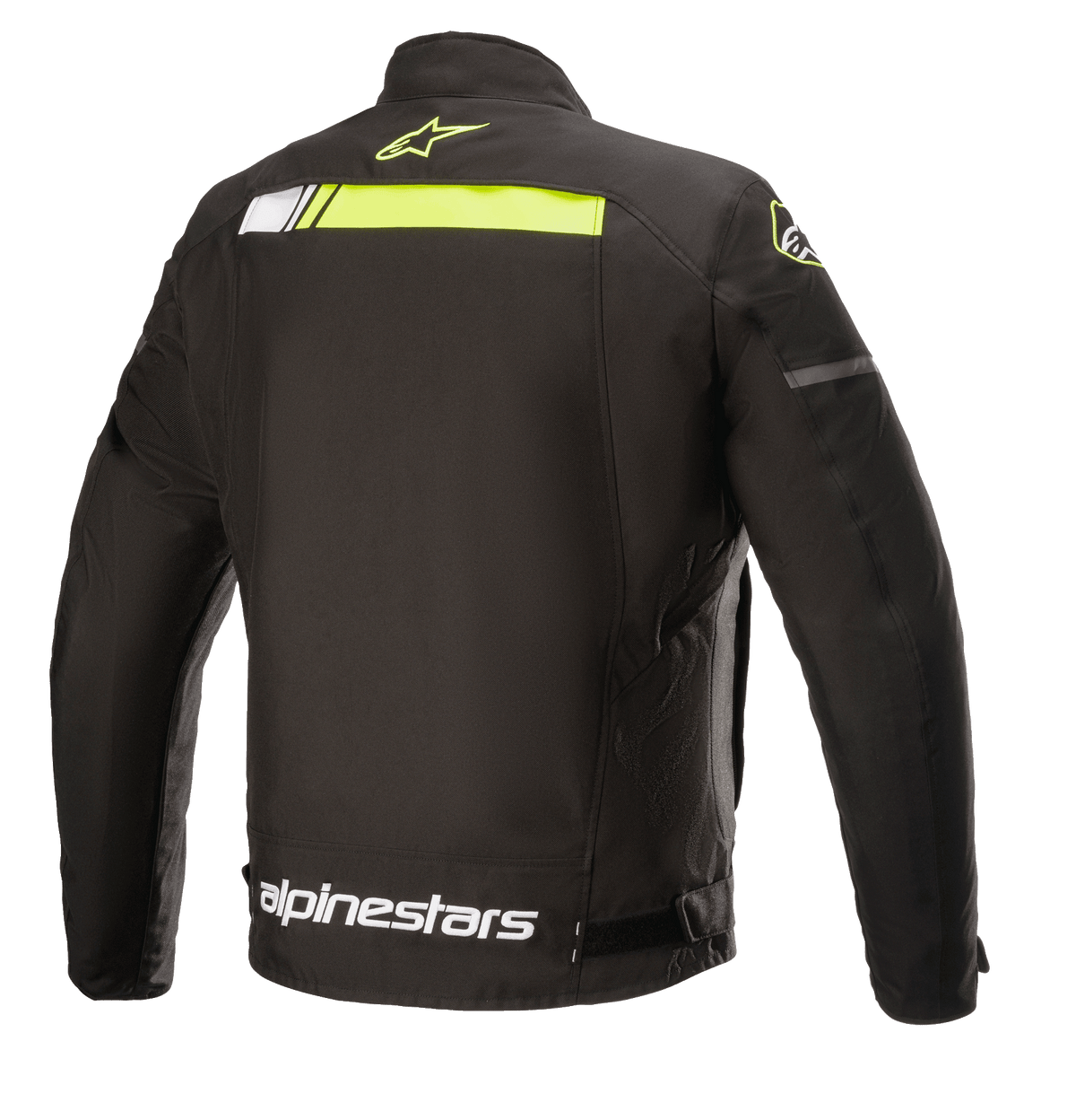 Blouson de moto textile Alpinestars T-SP S Ignition Waterproof, noir et jaune fluo, vue arrière présentant une bande horizontale jaune fluo sur le haut du dos, un logo Alpinestars blanc à la taille et un petit logo étoile jaune sur le col