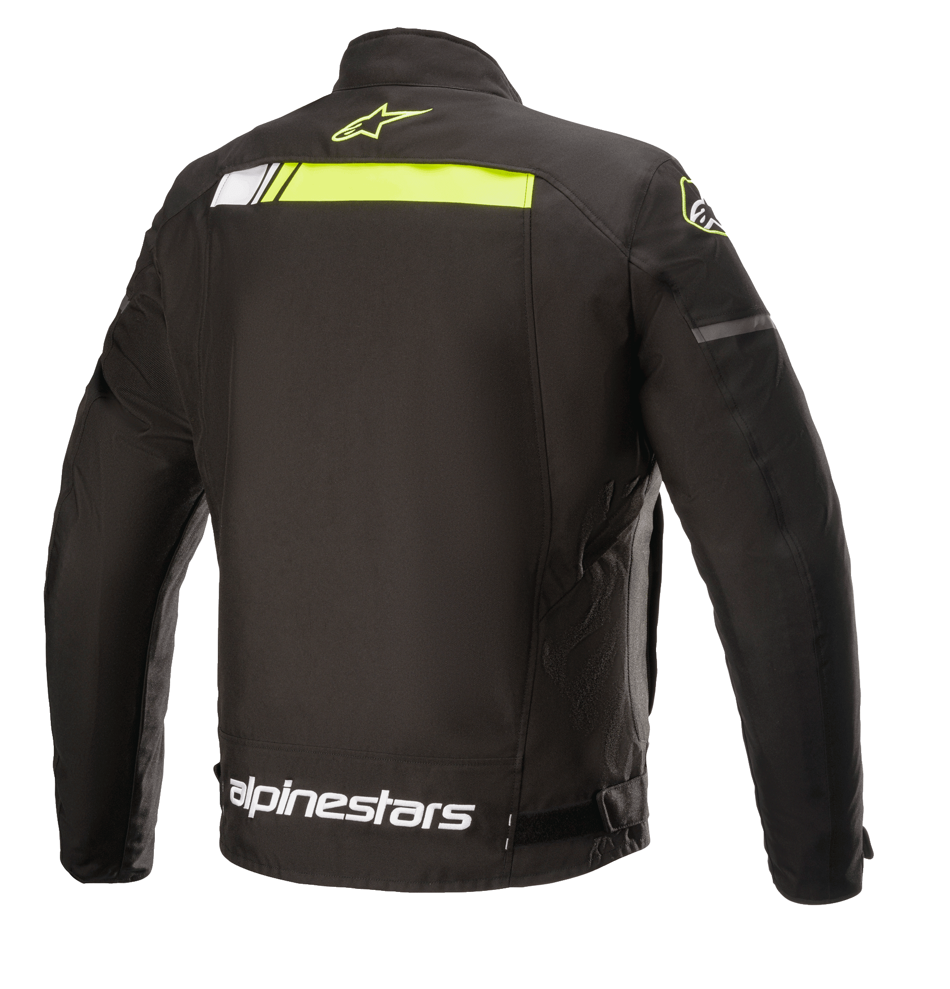 Alpinestars T-SP S Ignition Waterproof Jacket, Textile Motorcycle Jacket, Black and Yellow Fluo, rear view featuring a horizontal neon yellow stripe across the upper back, white alpinestars logo on the waist, and small yellow star logo on the collar