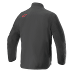 Veste Alpinestars AMT Storm Gear Drystar® XF, veste de moto imperméable, noire, vue de dos présentant un logo Alpinestars rouge sur le haut de l'épaule, construction en textile ripstop durable avec dos allongé pour une couverture étendue.