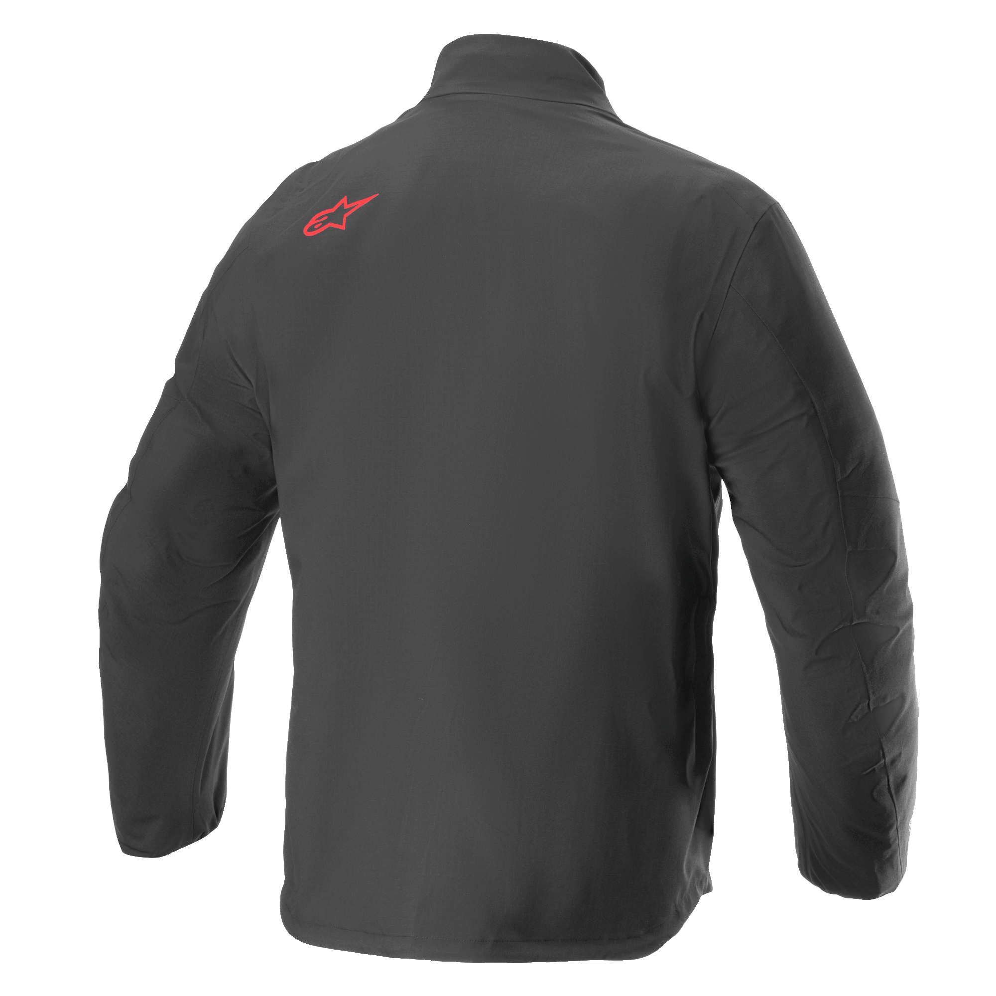 Veste Alpinestars AMT Storm Gear Drystar® XF, veste de moto imperméable, noire, vue de dos présentant un logo Alpinestars rouge sur le haut de l'épaule, construction en textile ripstop durable avec dos allongé pour une couverture étendue.