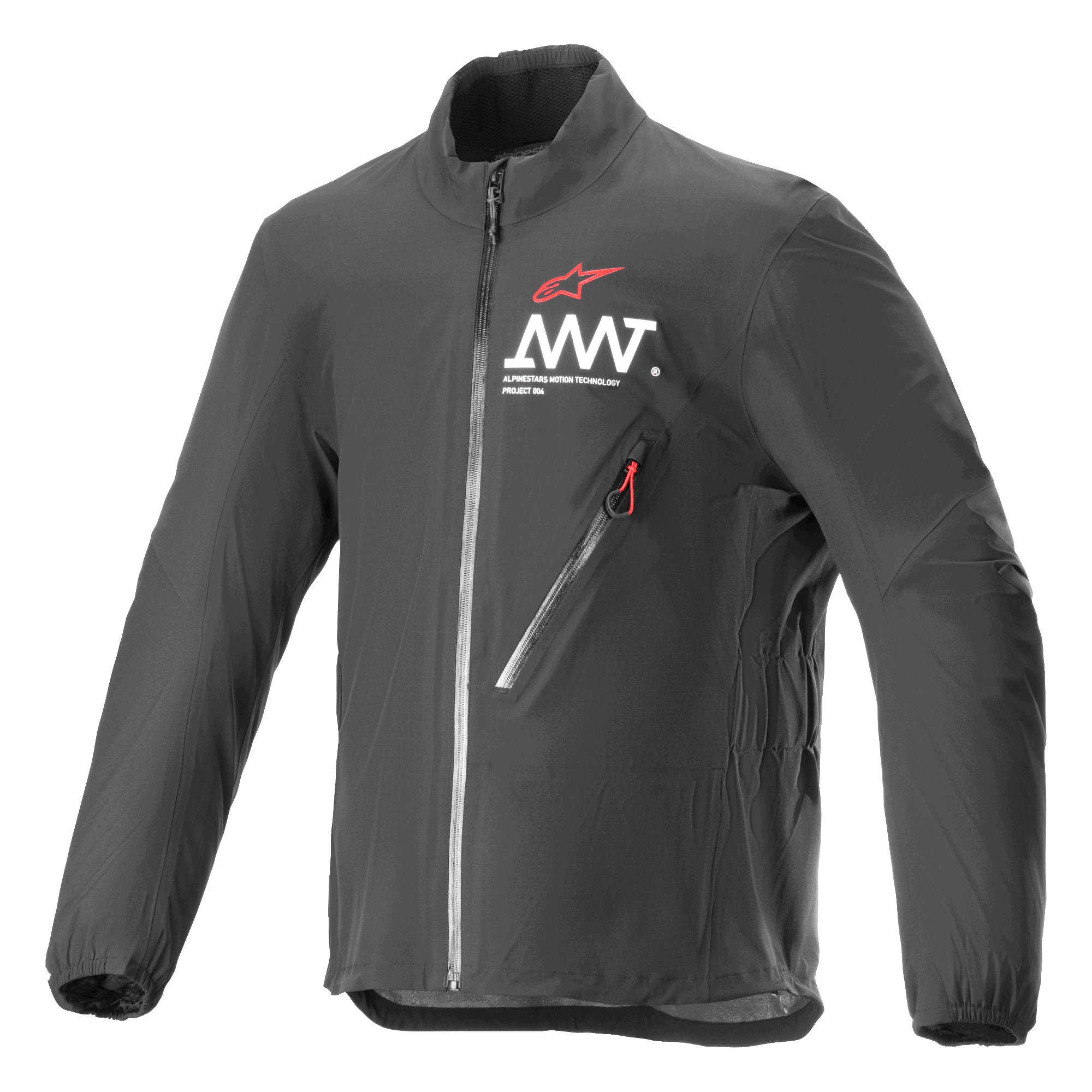 Veste Alpinestars AMT Storm Gear Drystar XF, noire, veste de moto imperméable et respirante, avec col haut, poche de poitrine zippée en diagonale avec tirette rouge et logo AMT blanc sur la poitrine