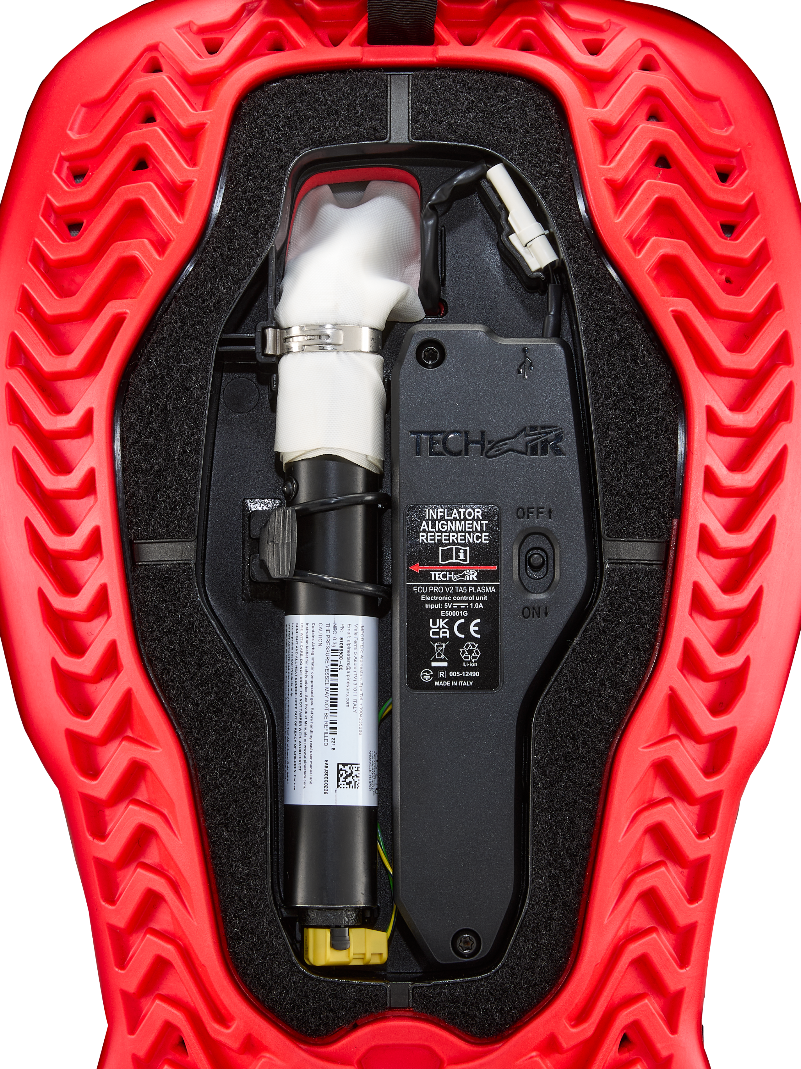Alpinestars Tech-Air 5 Plasma, cartouche de remplacement airbag, ECU noir et gonfleur blanc dans une coque nervurée rouge