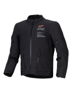 Alpinestars AMT-8 Stretch Drystar XF Jacket, black adventure touring motorcycle jacket with front ventilation ports and branding graphics, CE certified
