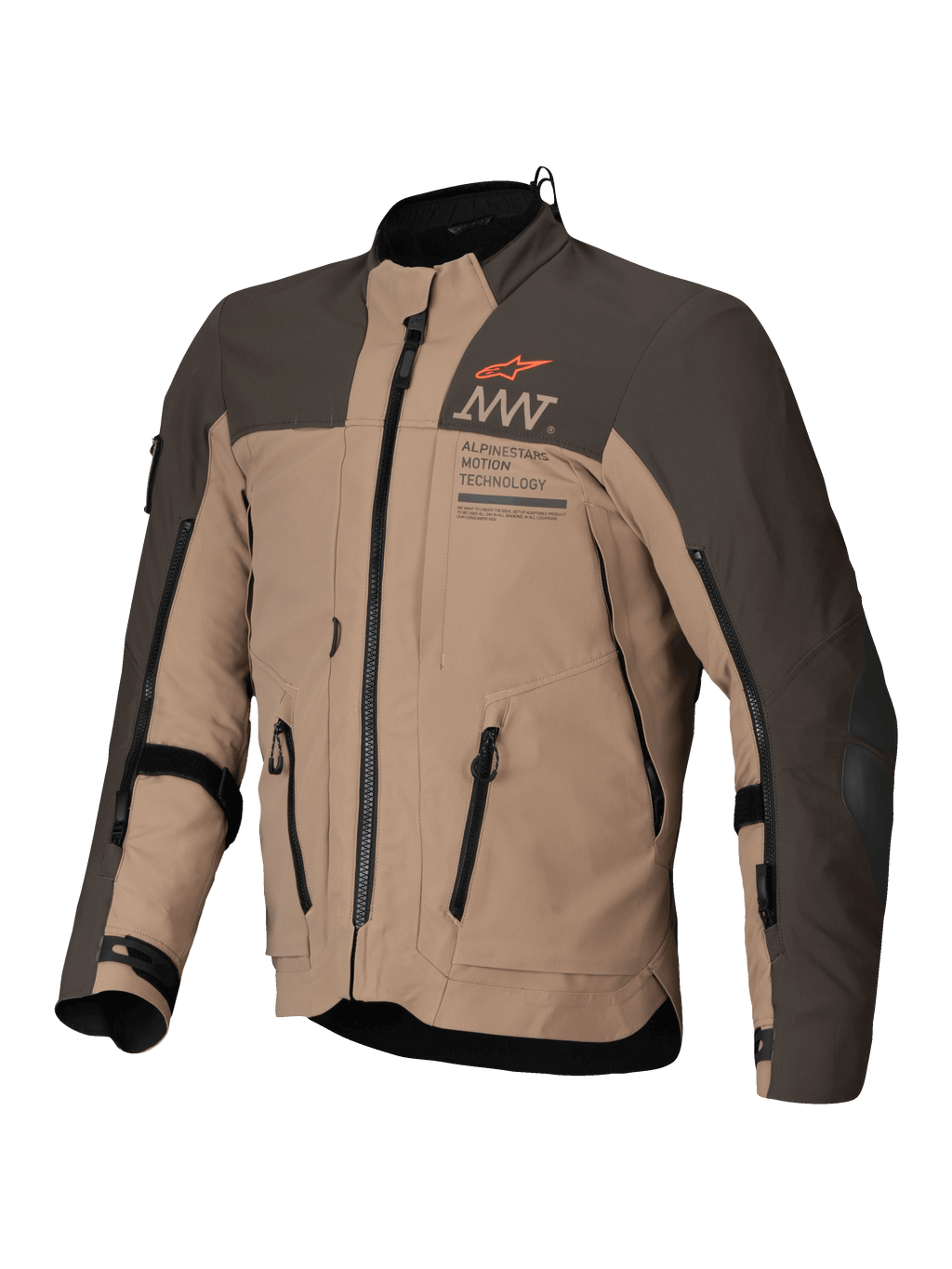 Alpinestars AMT-8 Stretch Drystar® XF Jacket, adventure touring motorcycle jacket in Dark Brown and Dark Khaki, CE certified AA class with stretch textile construction and ventilation