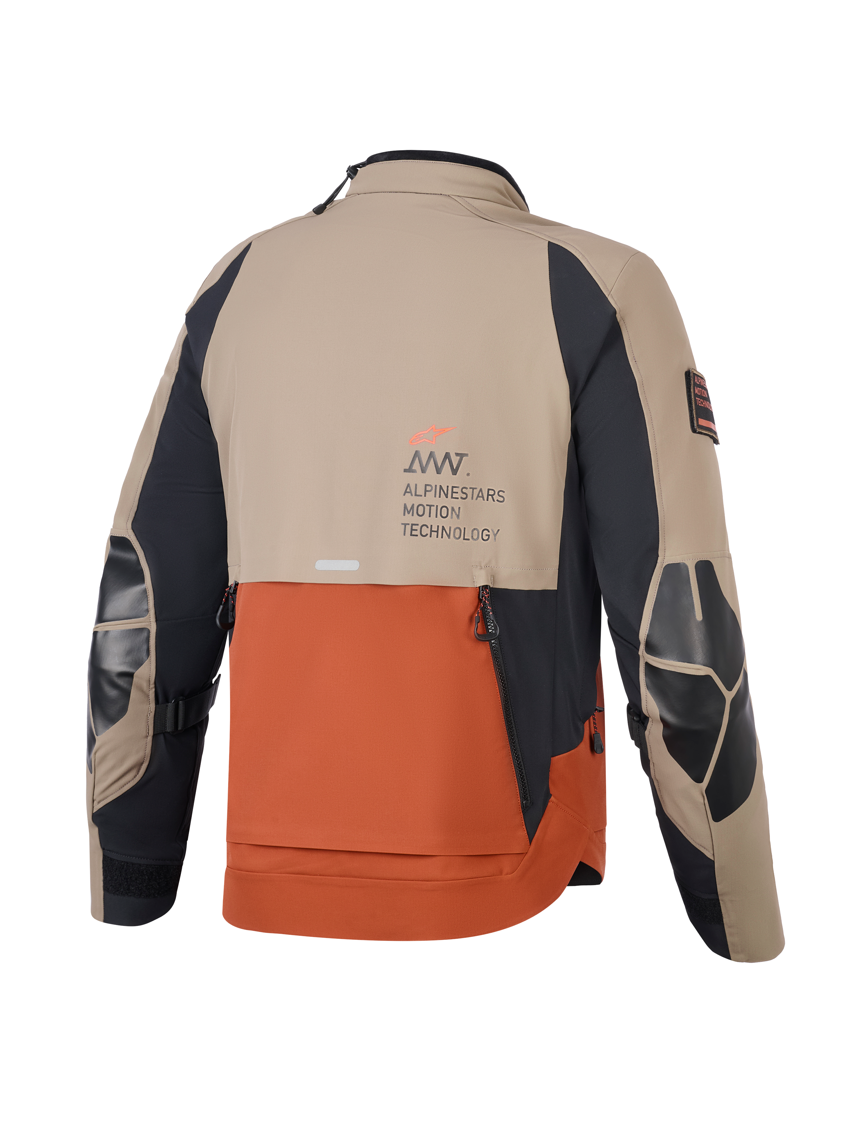 Alpinestars AMT-8 Stretch Drystar® XF Jacket, Walnut Rust Black, rear view showing tan and rust panels with black sleeves, Alpinestars Motion Technology branding on the back, reinforced elbow patches, and shingle-style back ventilation for adventure motorcycle riding.