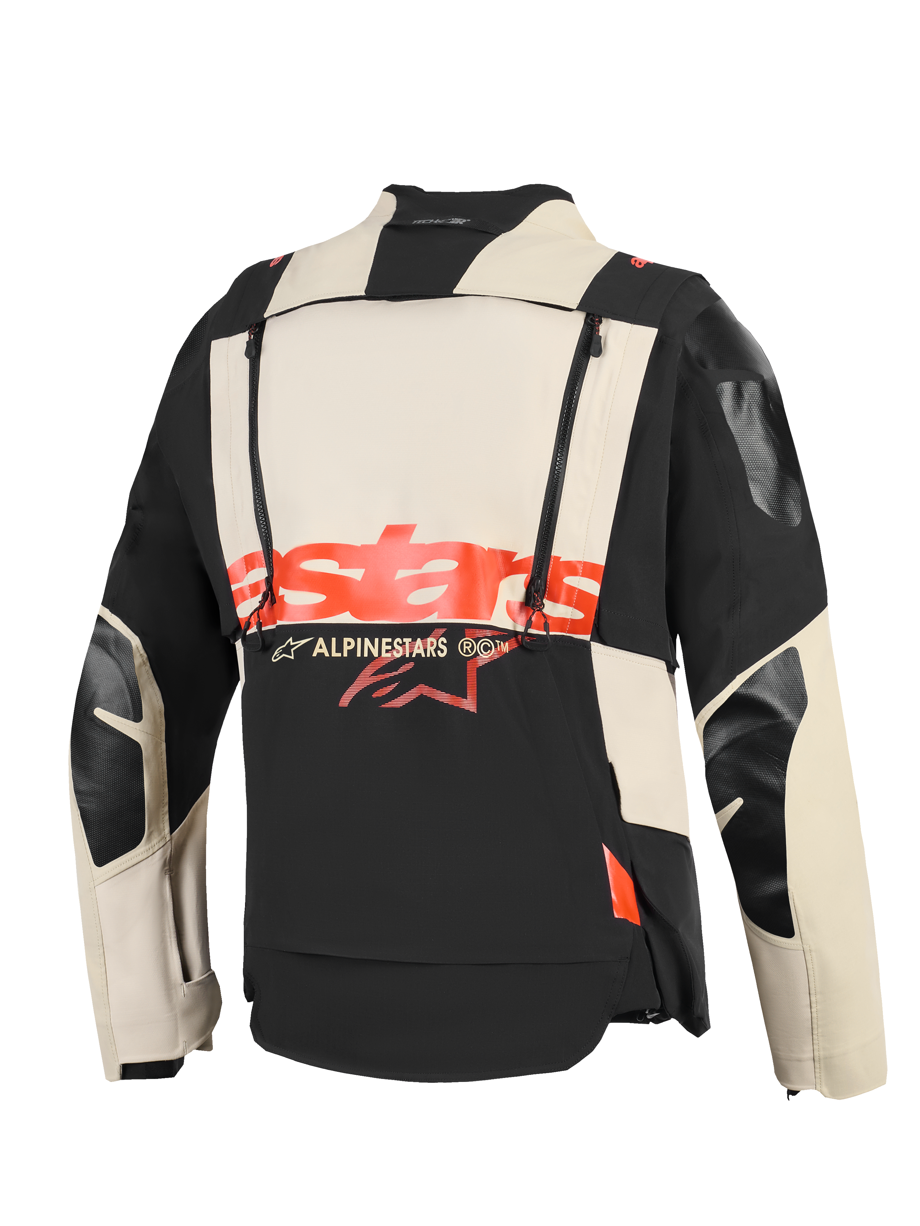Alpinestars Halo Pro Drystar® XF Laminated Jacket, Back view, Mastic Black and cream textile construction, bold red 'stars' logo across the center, dual vertical zippers for modular ventilation, technical adventure motorcycle apparel