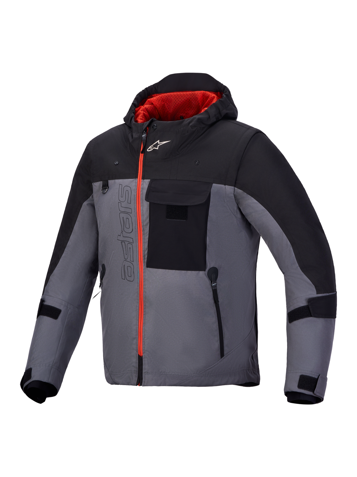 Alpinestars Morfex Parka Waterproof Jacket, men's urban motorcycle jacket in Lunar Gray and Black with red front zipper, integrated hood, and modular waterproof textile construction