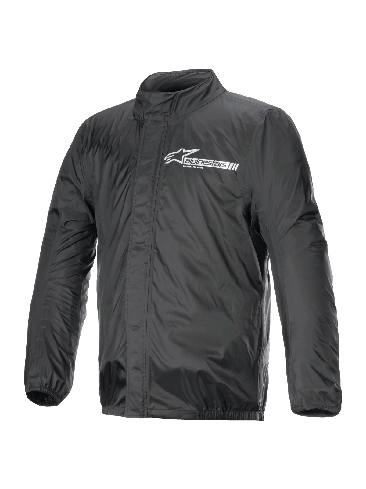 Veste Alpinestars Hurricane Rain V2, veste de pluie moto, noire, avec logo Alpinestars blanc sur la poitrine, col haut, fermeture éclair frontale avec rabat anti-tempête, poignets et ourlet élastiqués, textile laminé imperméable