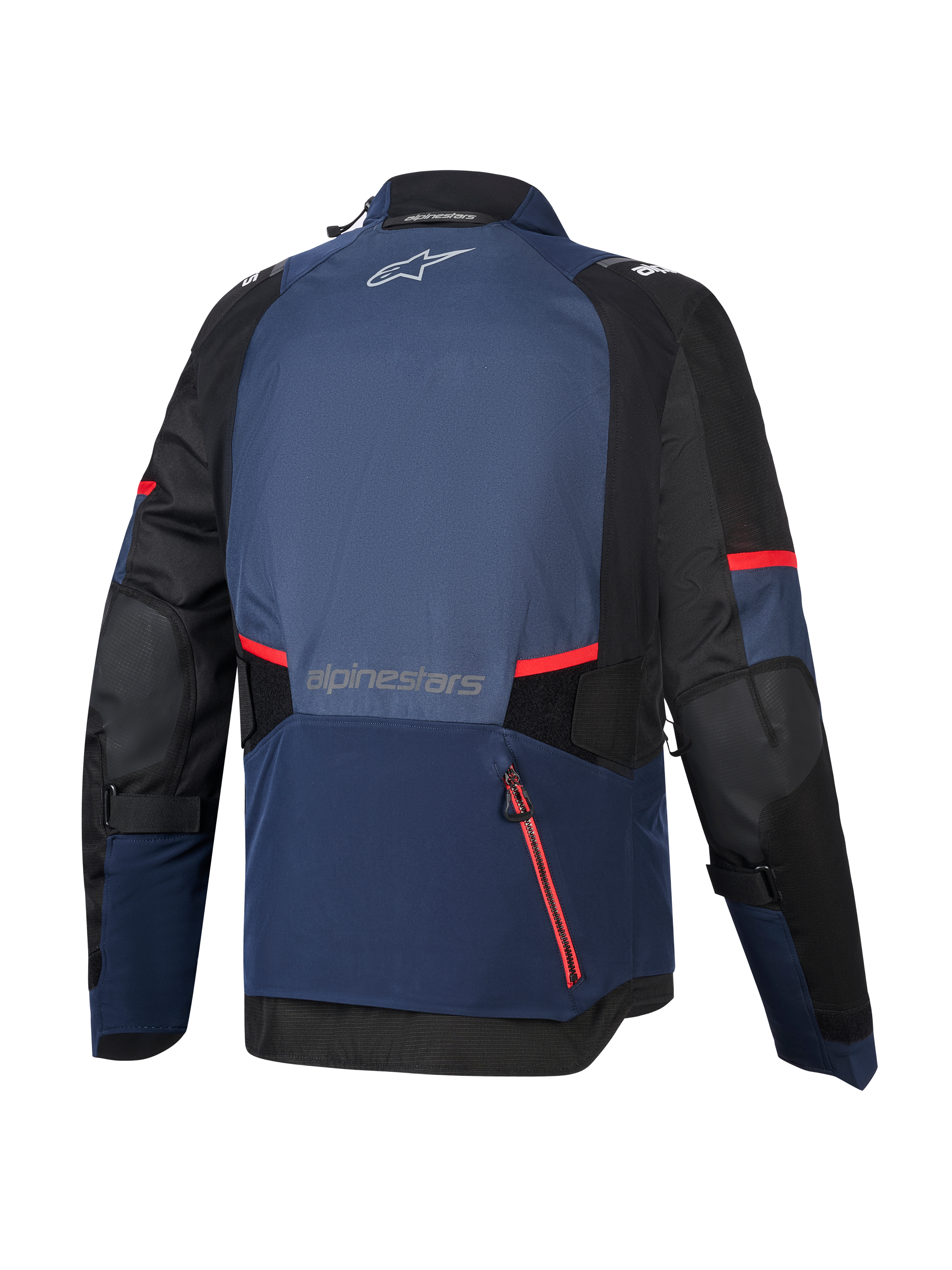 Veste Alpinestars Andes V4 Drystar®, vue arrière, Night Navy Mood Indigo et noir, avec accents de fermetures éclair et bandes rouges, grand compartiment arrière imperméable, logo Alpinestars en haut et en bas du dos, veste de touring aventure en textile technique.