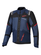 Veste Alpinestars Andes V4 Drystar®, veste de moto, Night Navy, Mood Indigo et noir, vue de face avec accents rouges et logo Alpinestars blanc sur la poitrine et les épaules, équipement textile durable pour la moto d'aventure