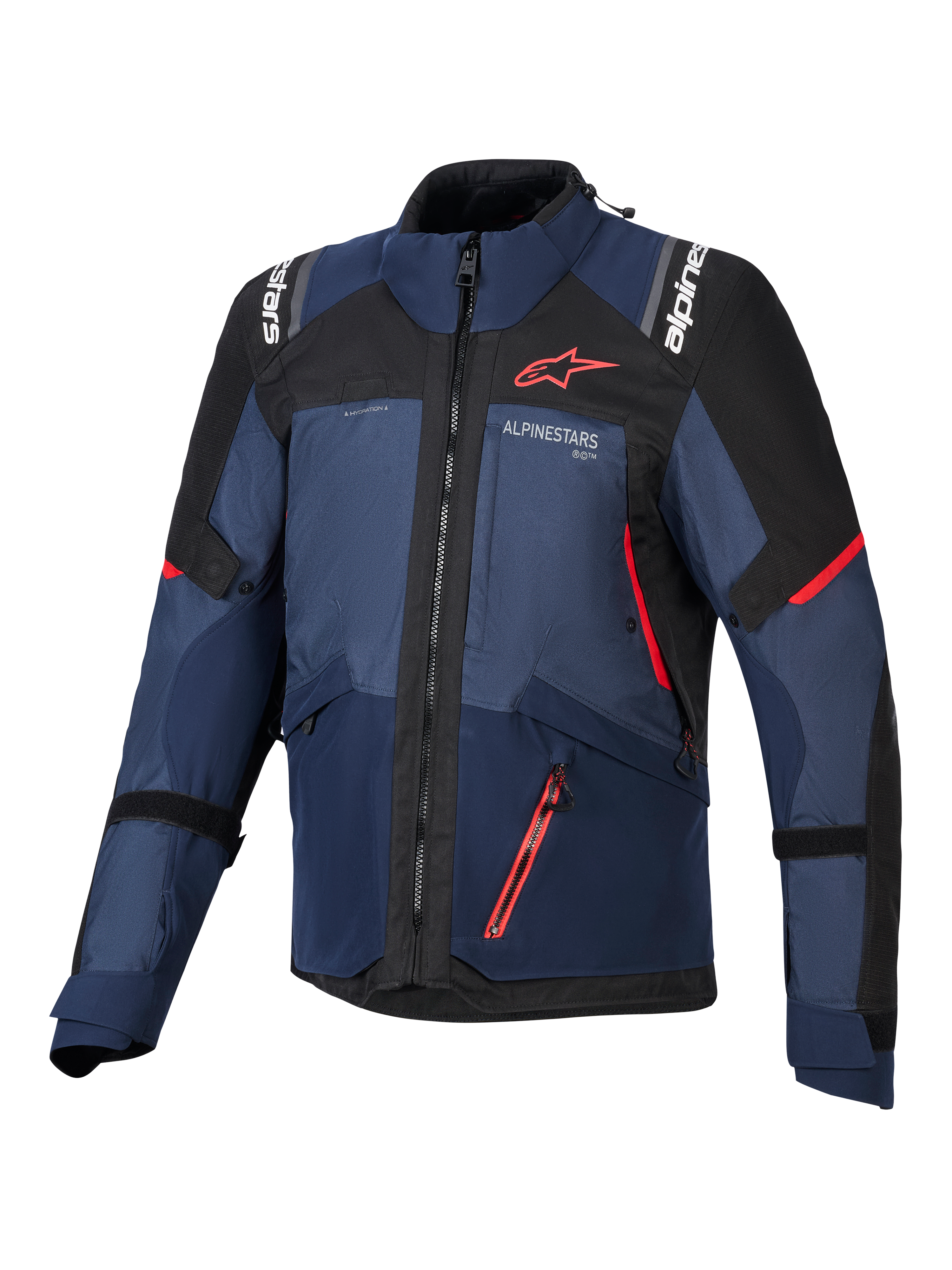 Veste Alpinestars Andes V4 Drystar®, veste de moto, Night Navy, Mood Indigo et noir, vue de face avec accents rouges et logo Alpinestars blanc sur la poitrine et les épaules, équipement textile durable pour la moto d'aventure