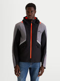 Alpinestars C-5 Drystar Jacket, men's urban contemporary motorcycle textile jacket in black and dark gray, front view on a model showing waterproof softshell construction, integrated hood, and bright orange zipper details