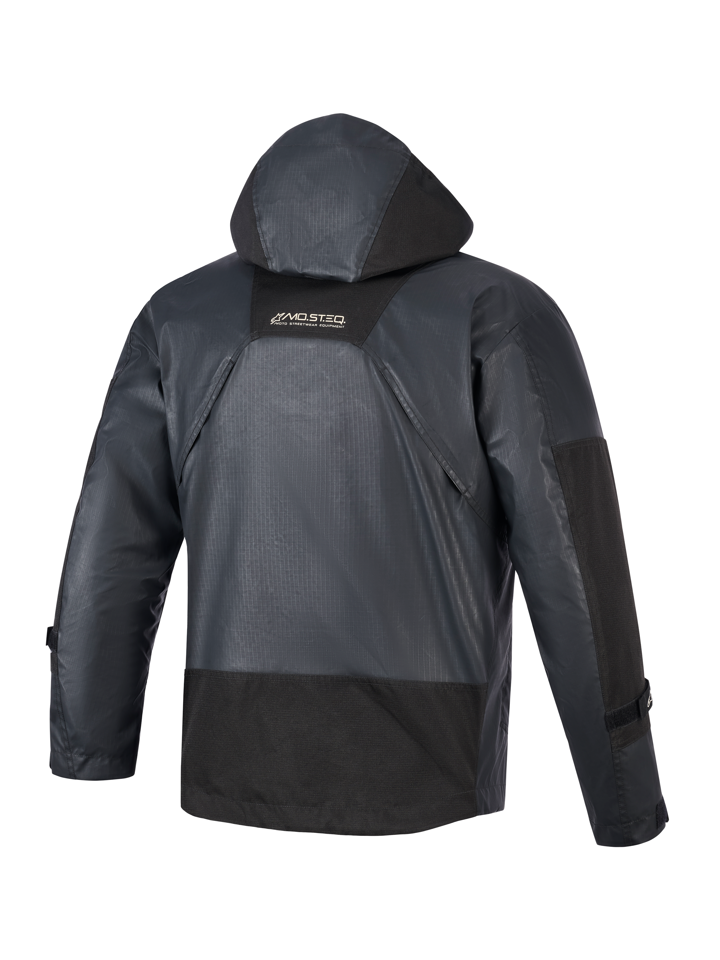 Veste imperméable Alpinestars Mospher, parka de moto, noire, vue arrière montrant la capuche intégrée et la construction en tissu ripstop, marquage MO.ST.EQ sur le haut du dos, design urbain tactique pour rouler par tous les temps