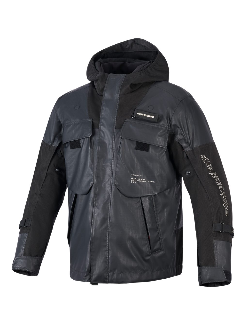 Veste Mospher Waterproof Alpinestars, parka de moto noire, design tactique utilitaire avec de multiples grandes poches, construction en textile ripstop, capuche intégrée, logos Alpinestars blancs sur la manche et la poitrine