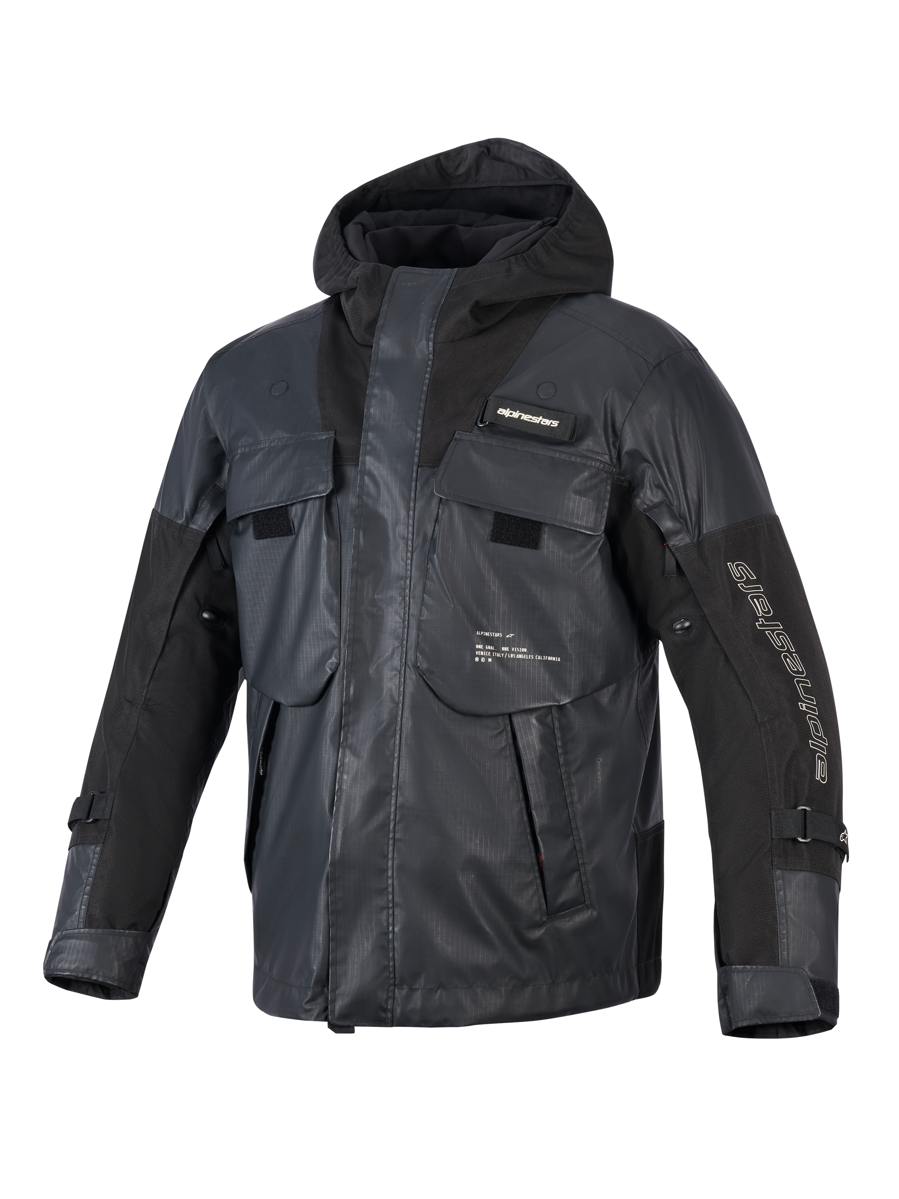 Veste Mospher Waterproof Alpinestars, parka de moto noire, design tactique utilitaire avec de multiples grandes poches, construction en textile ripstop, capuche intégrée, logos Alpinestars blancs sur la manche et la poitrine