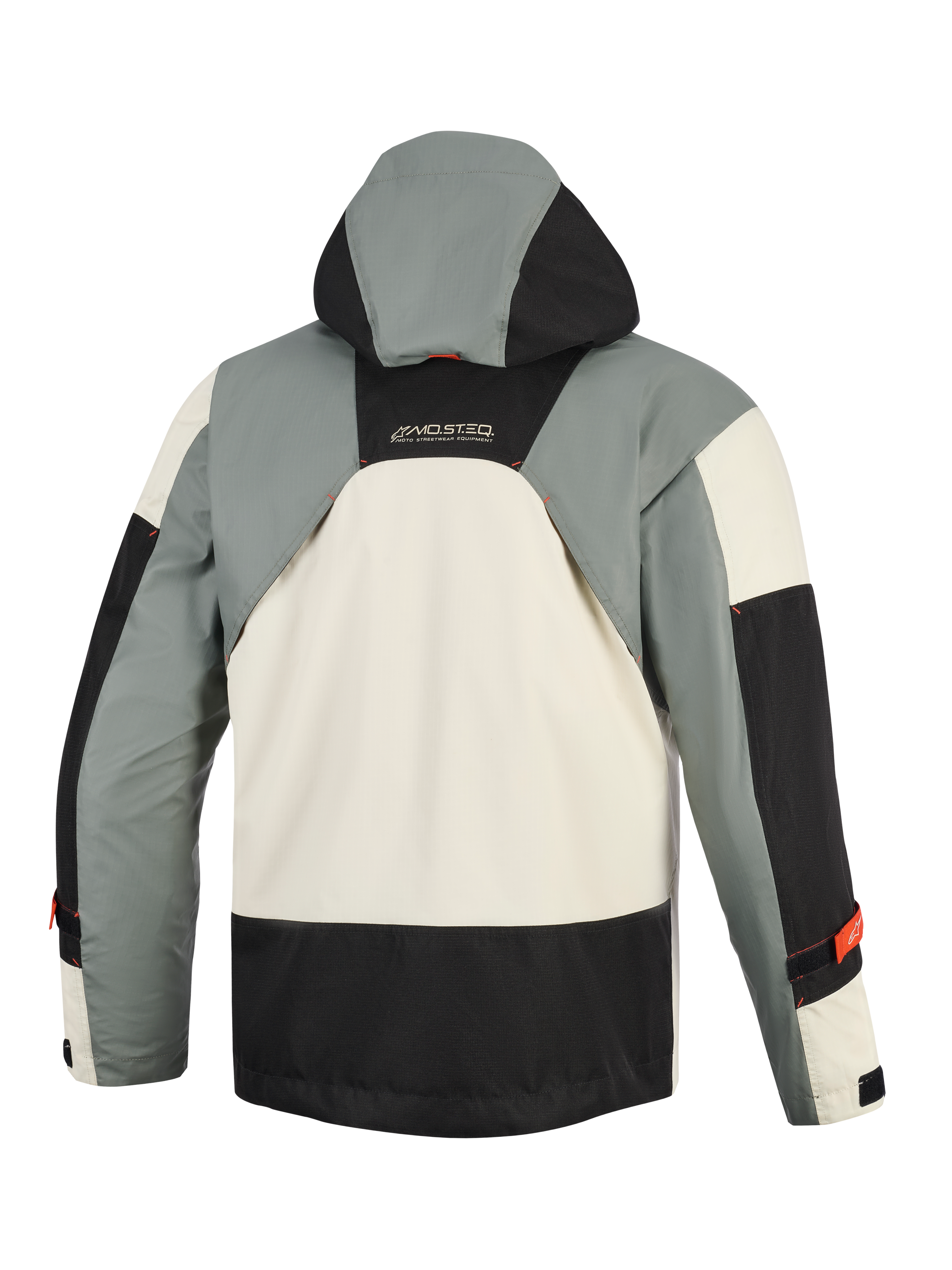 Veste imperméable Alpinestars Mospher en Fur Gray Black Ice, vue arrière, présentant un design multi-panneaux d'inspiration militaire avec des sections grises, noires et blanc glace, une capuche intégrée et le marquage MO.ST.EQ sur le haut du dos.