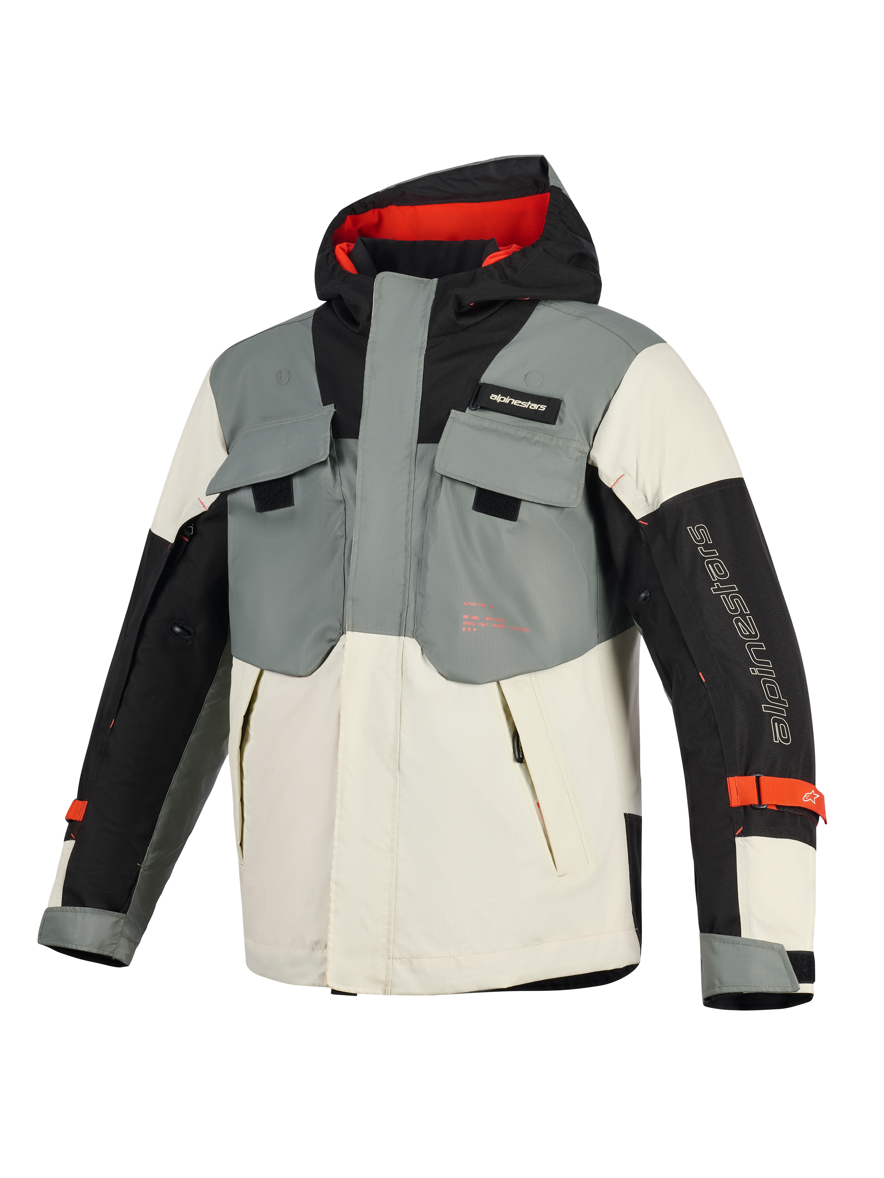 Veste imperméable Alpinestars Mospher, parka de moto, Fur Gray Black Ice, dotée d'un design tactique multi-poches, d'une silhouette à capuche avec intérieur rouge et du logo Alpinestars sur la manche