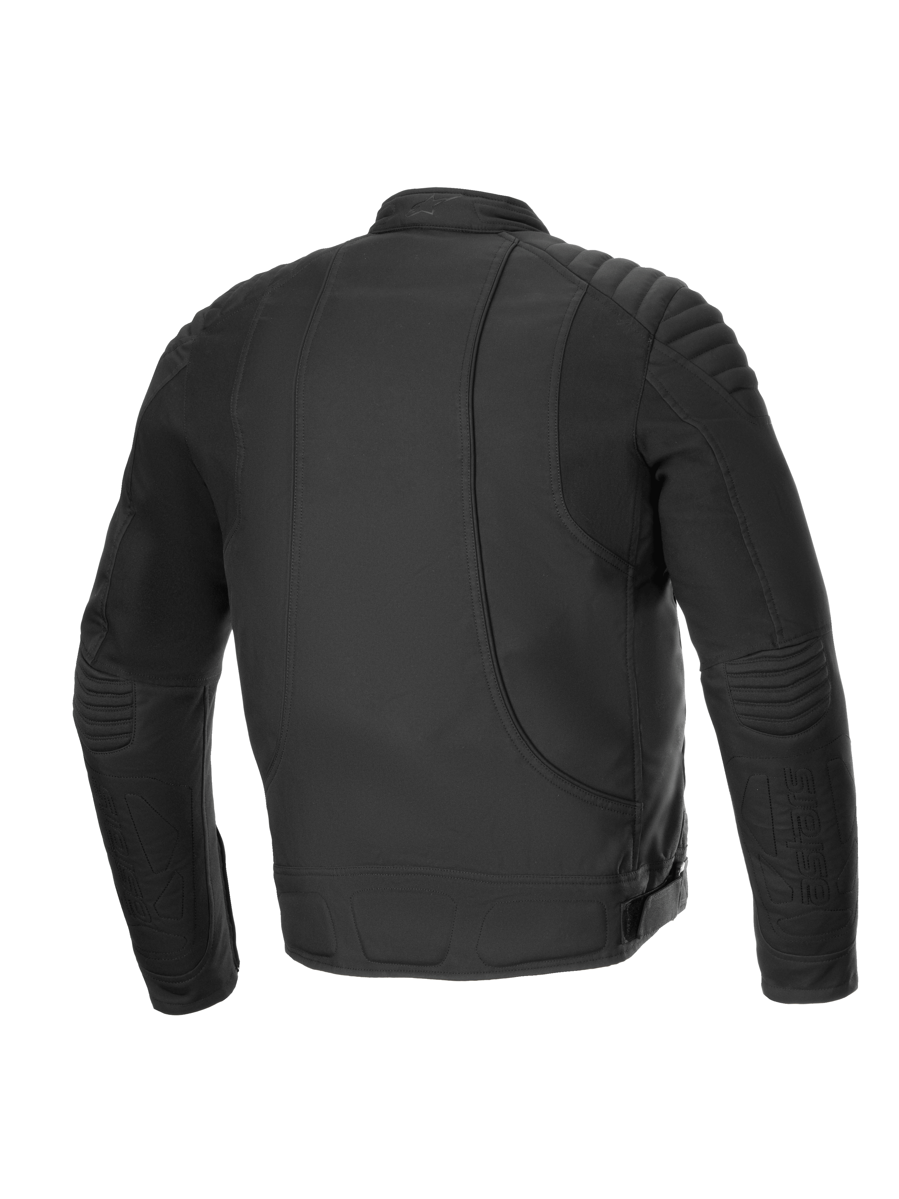 Alpinestars Veste Résistante À L’Eau Clayton, veste de moto urbaine pour homme, vue de dos, noire, avec détails matelassés sur les épaules et panneaux extensibles pour le confort