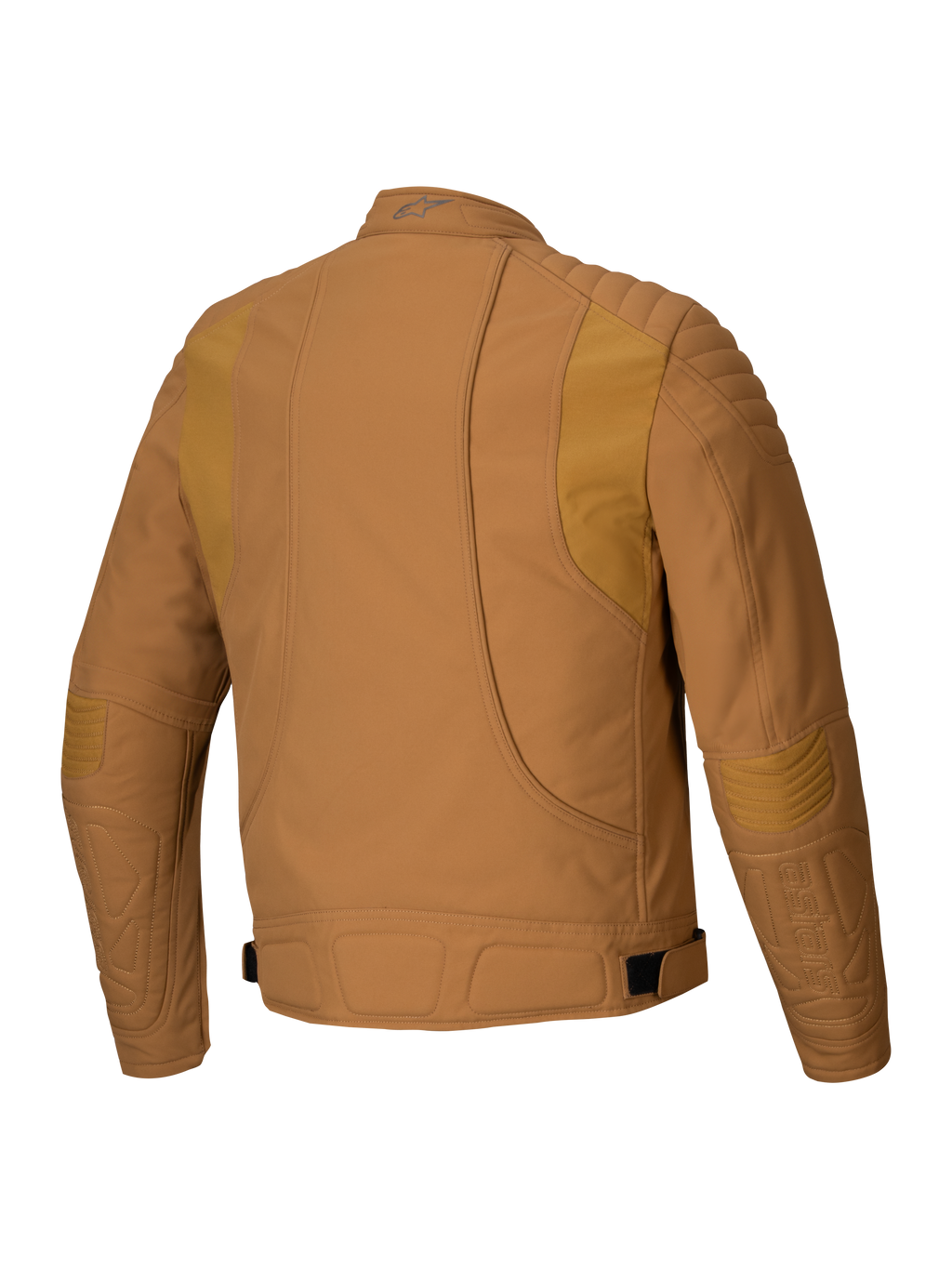 Veste Alpinestars Clayton WR, veste de moto, brun et or clair, vue de dos montrant le rembourrage matelassé sur les épaules et les coudes, lignes ergonomiques incurvées et sangles de réglage à la taille, équipement de moto urbain