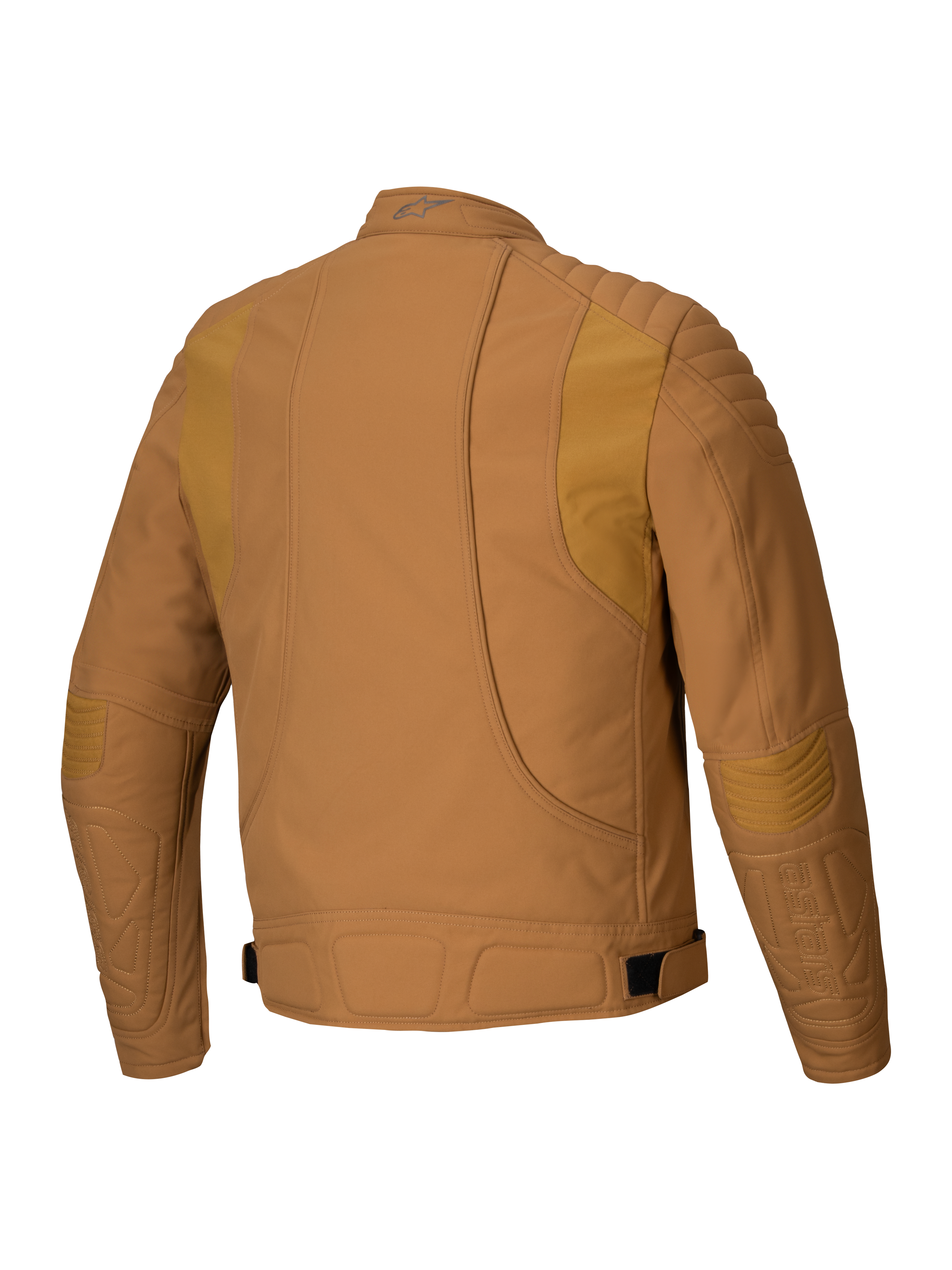 Veste Alpinestars Clayton WR, veste de moto, brun et or clair, vue de dos montrant le rembourrage matelassé sur les épaules et les coudes, lignes ergonomiques incurvées et sangles de réglage à la taille, équipement de moto urbain