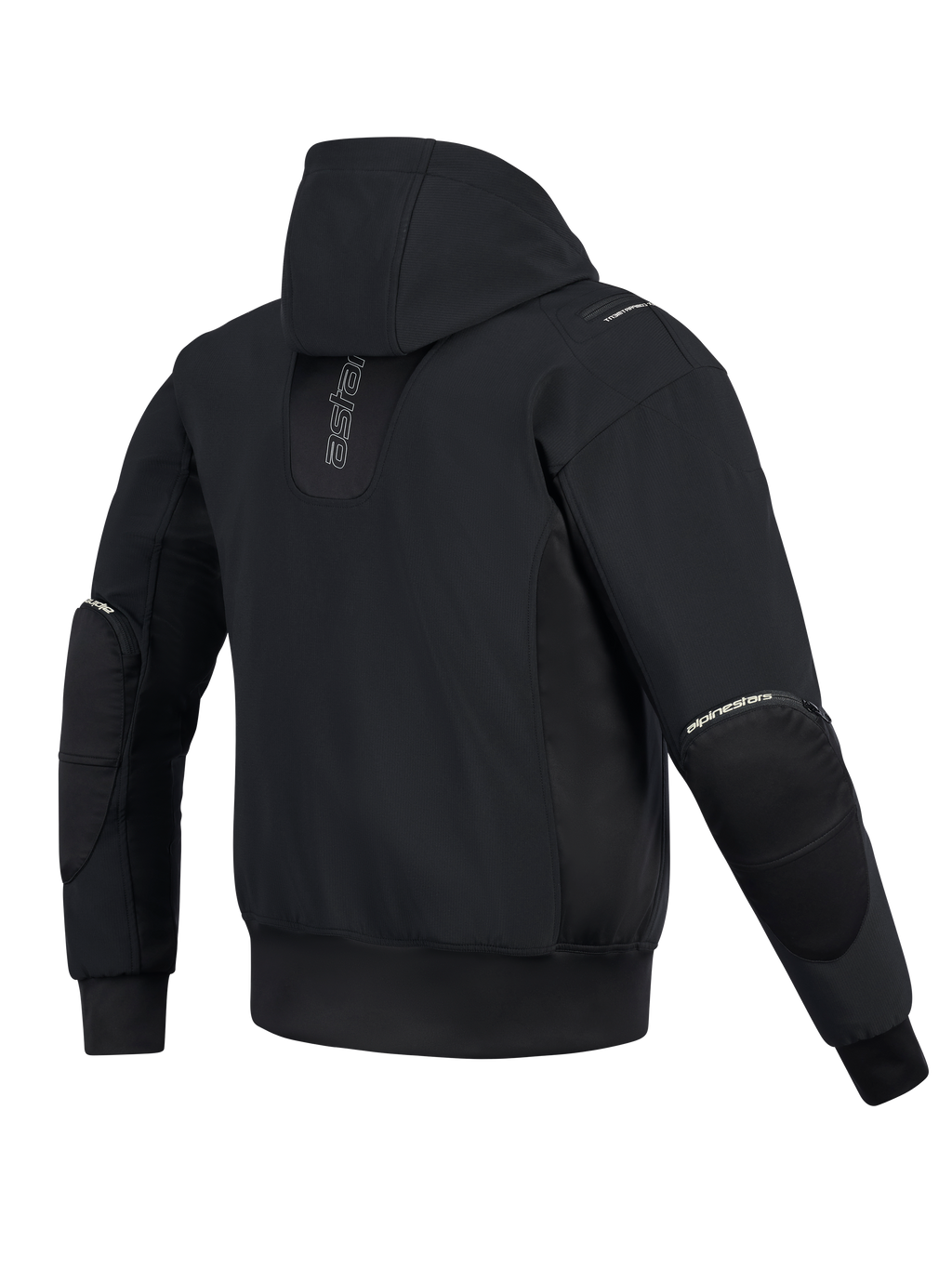 Veste imperméable Alpinestars Moblast, vue arrière, noir, hoodie de moto urbain avec marquage vertical dans le dos, construction technique en softshell et ripstop avec capuche fixe et fermetures éclair externes pour protections de coudes