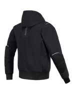 Veste imperméable Alpinestars Moblast, vue arrière, noir, hoodie de moto urbain avec marquage vertical dans le dos, construction technique en softshell et ripstop avec capuche fixe et fermetures éclair externes pour protections de coudes