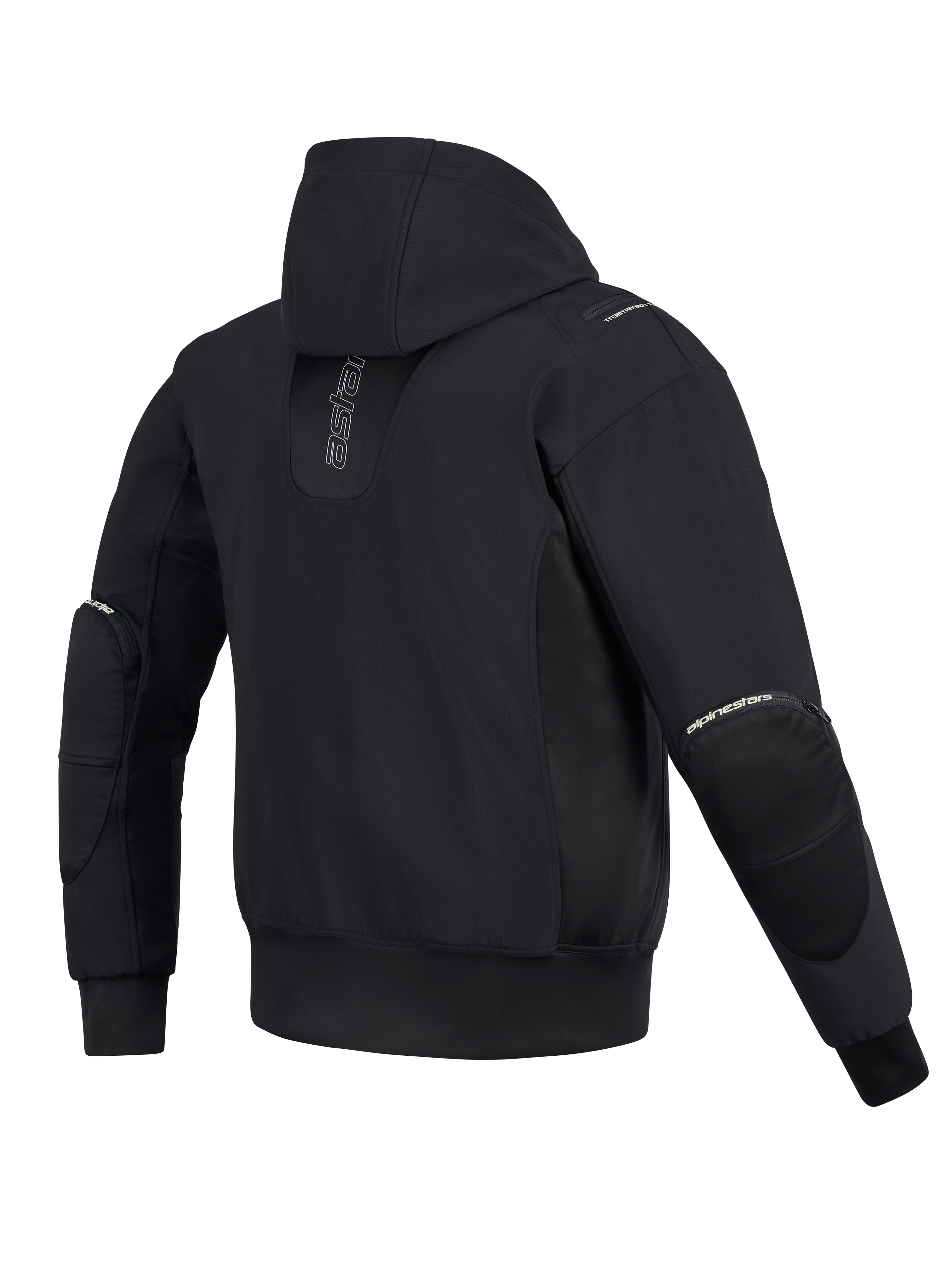 Veste imperméable Alpinestars Moblast, vue arrière, noir, hoodie de moto urbain avec marquage vertical dans le dos, construction technique en softshell et ripstop avec capuche fixe et fermetures éclair externes pour protections de coudes
