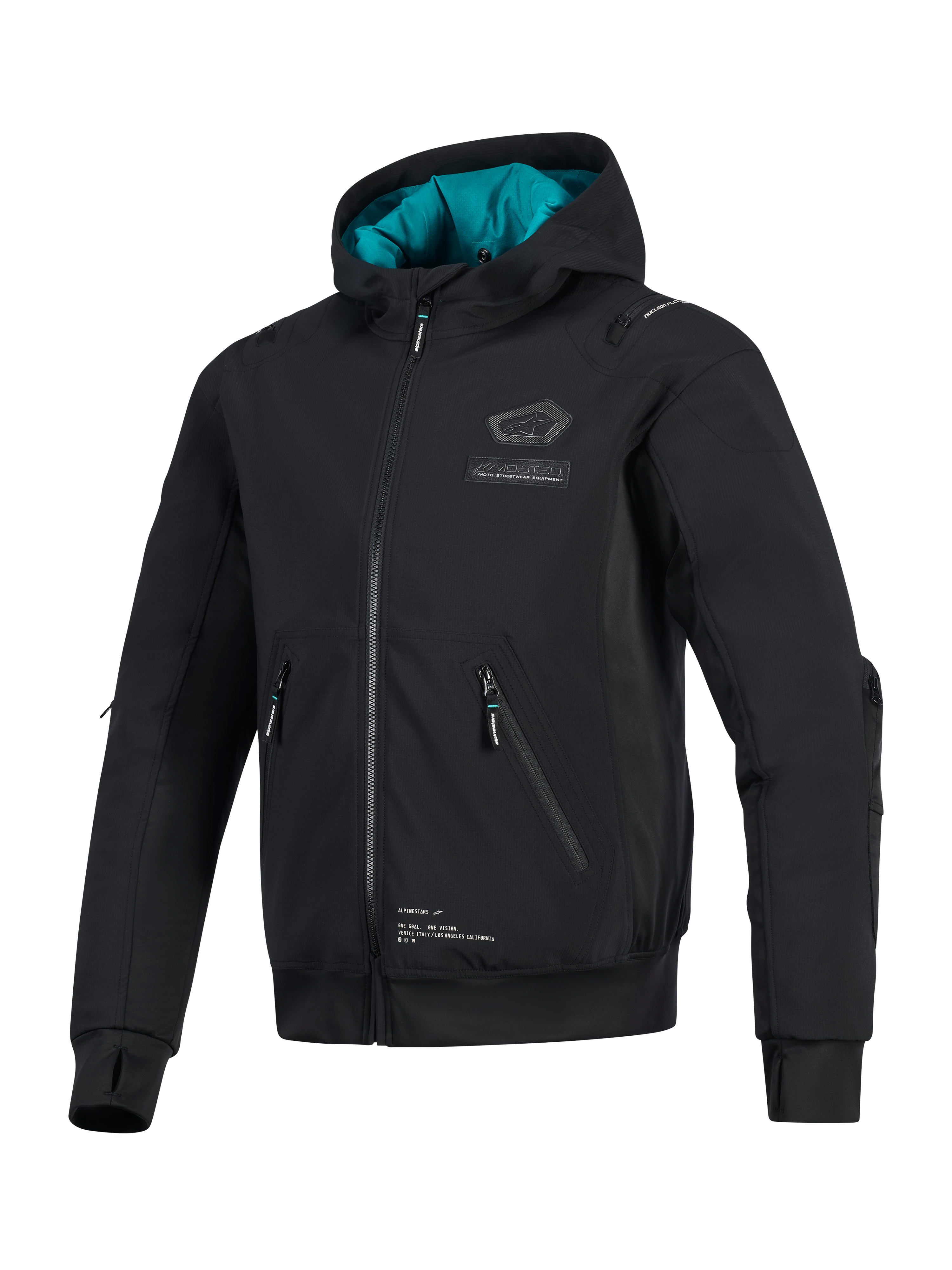 Veste Alpinestars Moblast Waterproof, noire avec doublure de capuche bleu sarcelle, veste de moto technique en softshell avec poches zippées 3D, passe-pouces intégrés et logo Alpinestars sur la poitrine, vêtement de conduite urbaine