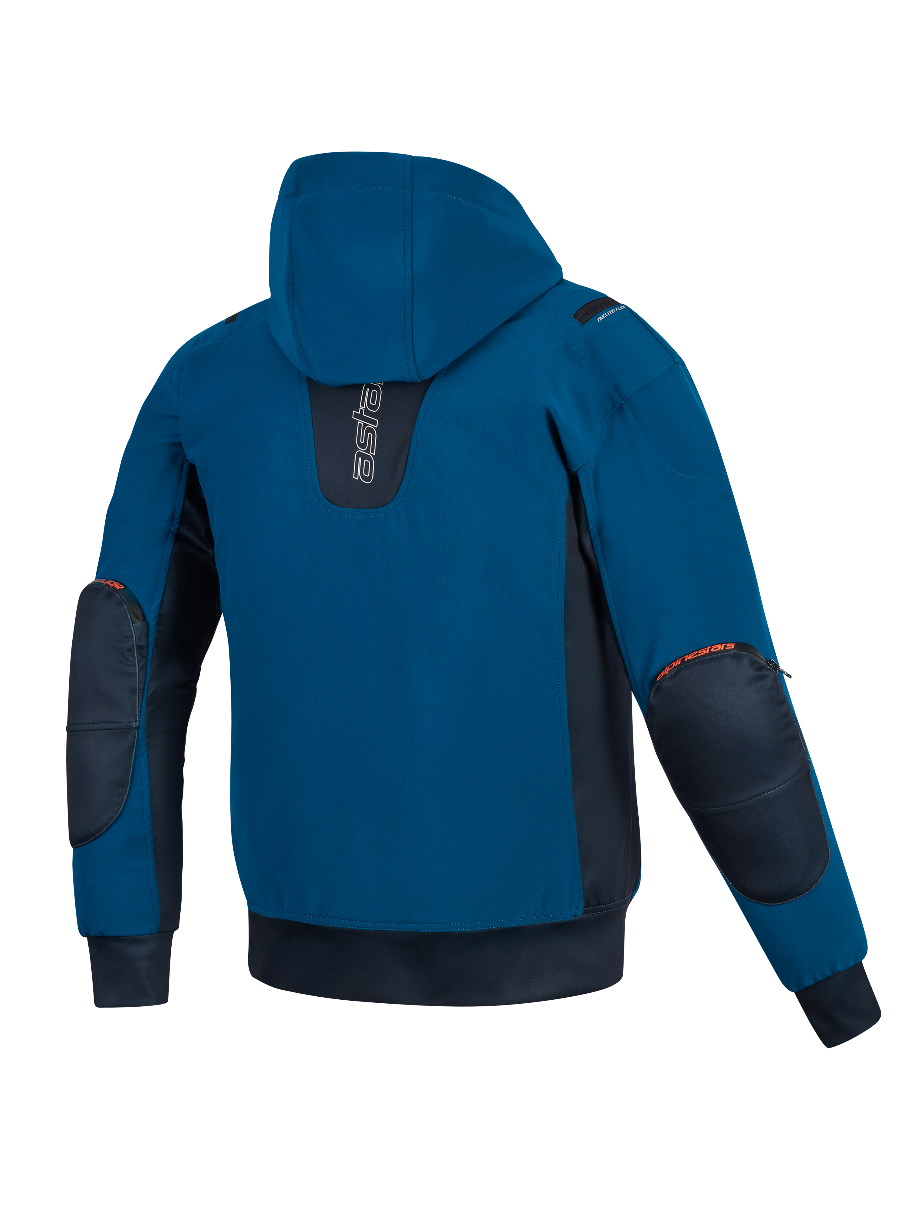 Veste imperméable Alpinestars Moblast, pétrole foncé et bleu marine foncé, vue arrière de la veste de moto à capuche, construction en softshell, panneaux latéraux bleu marine foncé, protections de coudes renforcées avec détails de logo orange