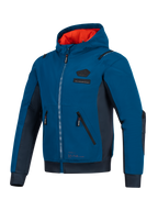 Veste imperméable Alpinestars Moblast, bleu pétrole foncé et bleu marine foncé, hoodie de moto urbain avec doublure de capuche orange vif, poches 3D techniques et construction en softshell ripstop pour les trajets quotidiens toutes saisons