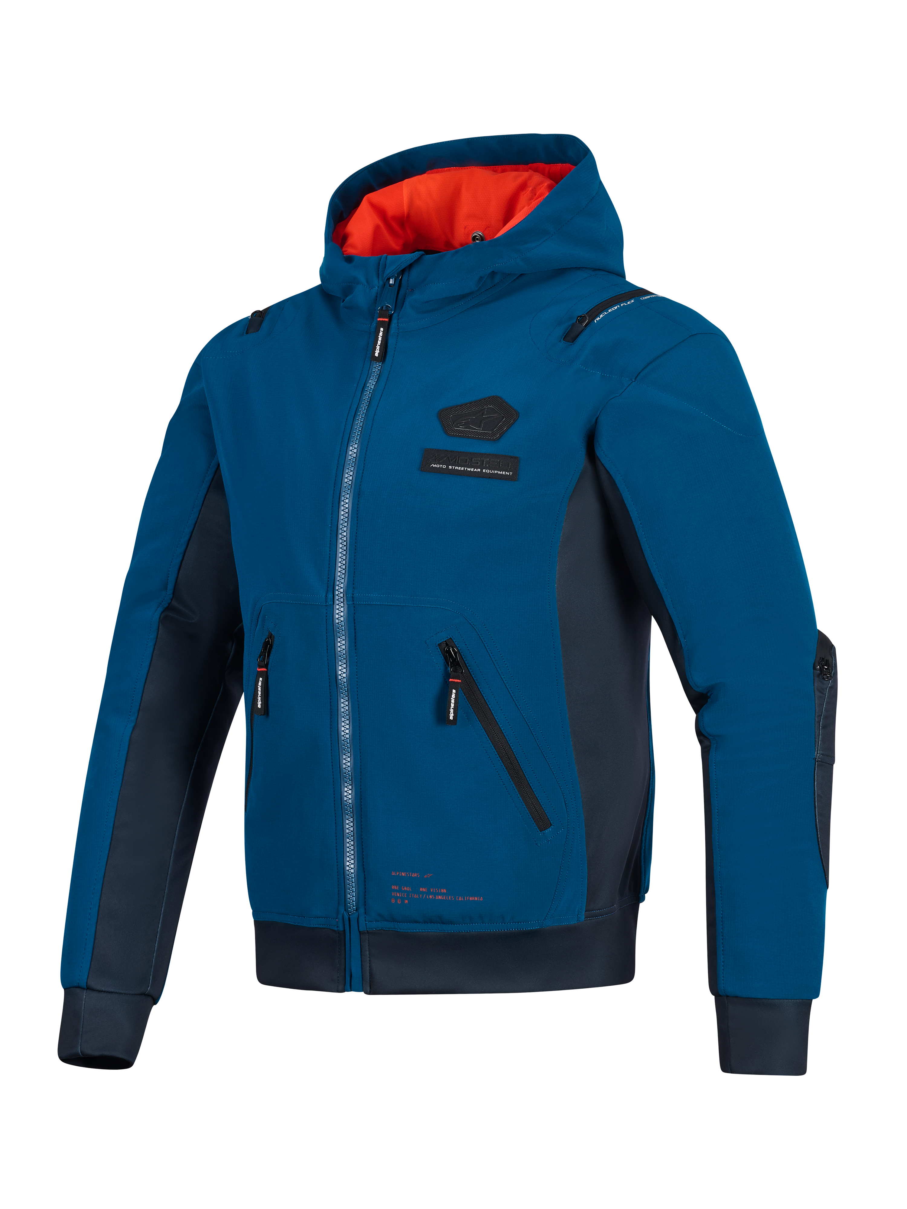 Veste imperméable Alpinestars Moblast, bleu pétrole foncé et bleu marine foncé, hoodie de moto urbain avec doublure de capuche orange vif, poches 3D techniques et construction en softshell ripstop pour les trajets quotidiens toutes saisons