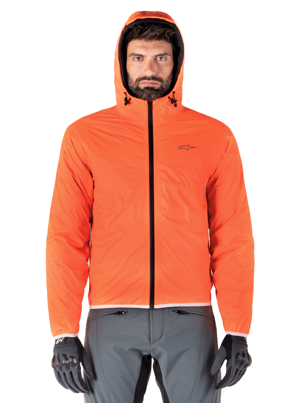 Veste Alpinestars Mohobbs Waterproof, blouson aviateur de moto rembourré, noir et orange fluo, design matelassé avec capuche anti-tempête, équipement de conduite inspiré du streetwear urbain