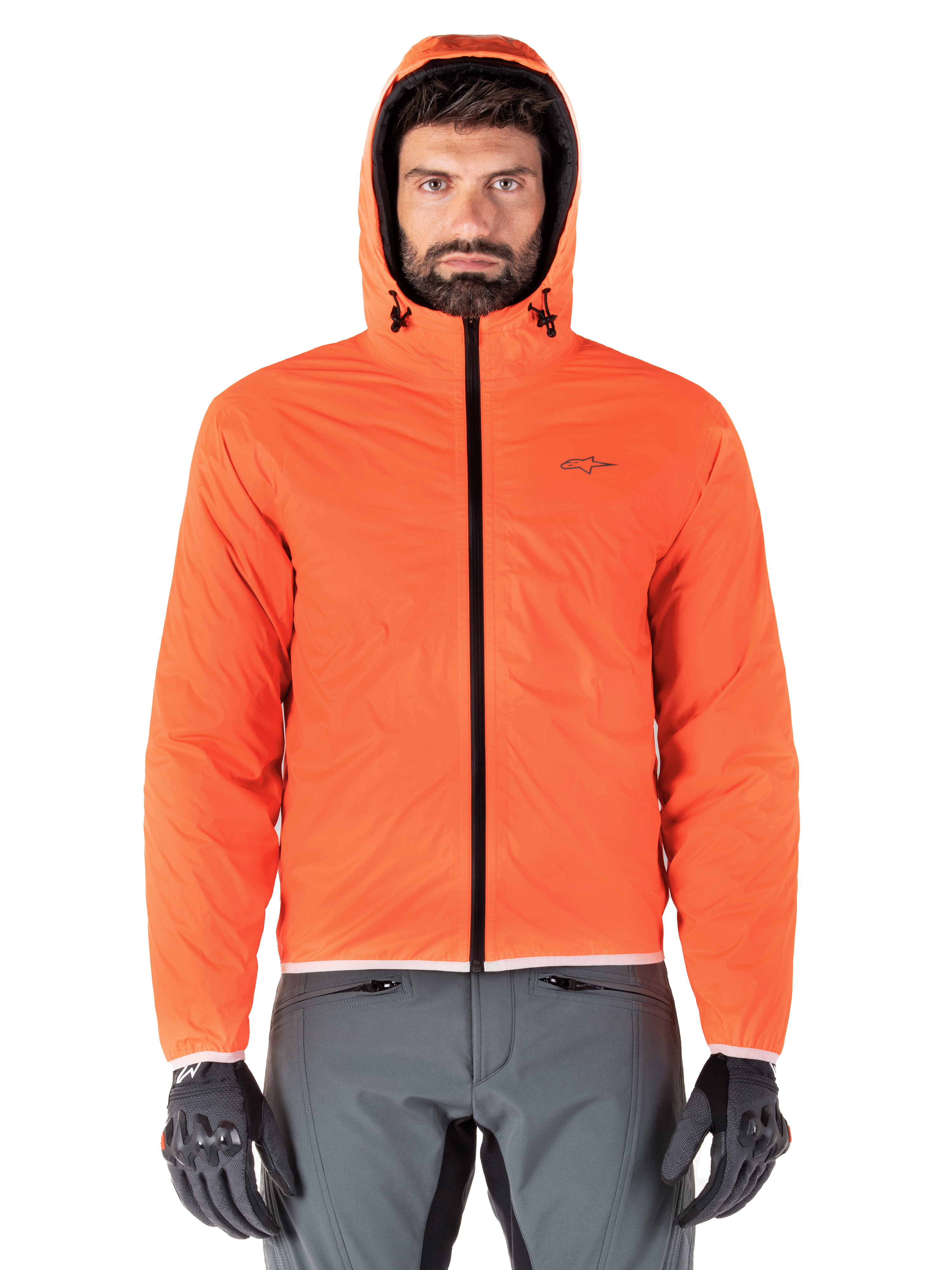 Veste Alpinestars Mohobbs Waterproof, blouson aviateur de moto rembourré, noir et orange fluo, design matelassé avec capuche anti-tempête, équipement de conduite inspiré du streetwear urbain