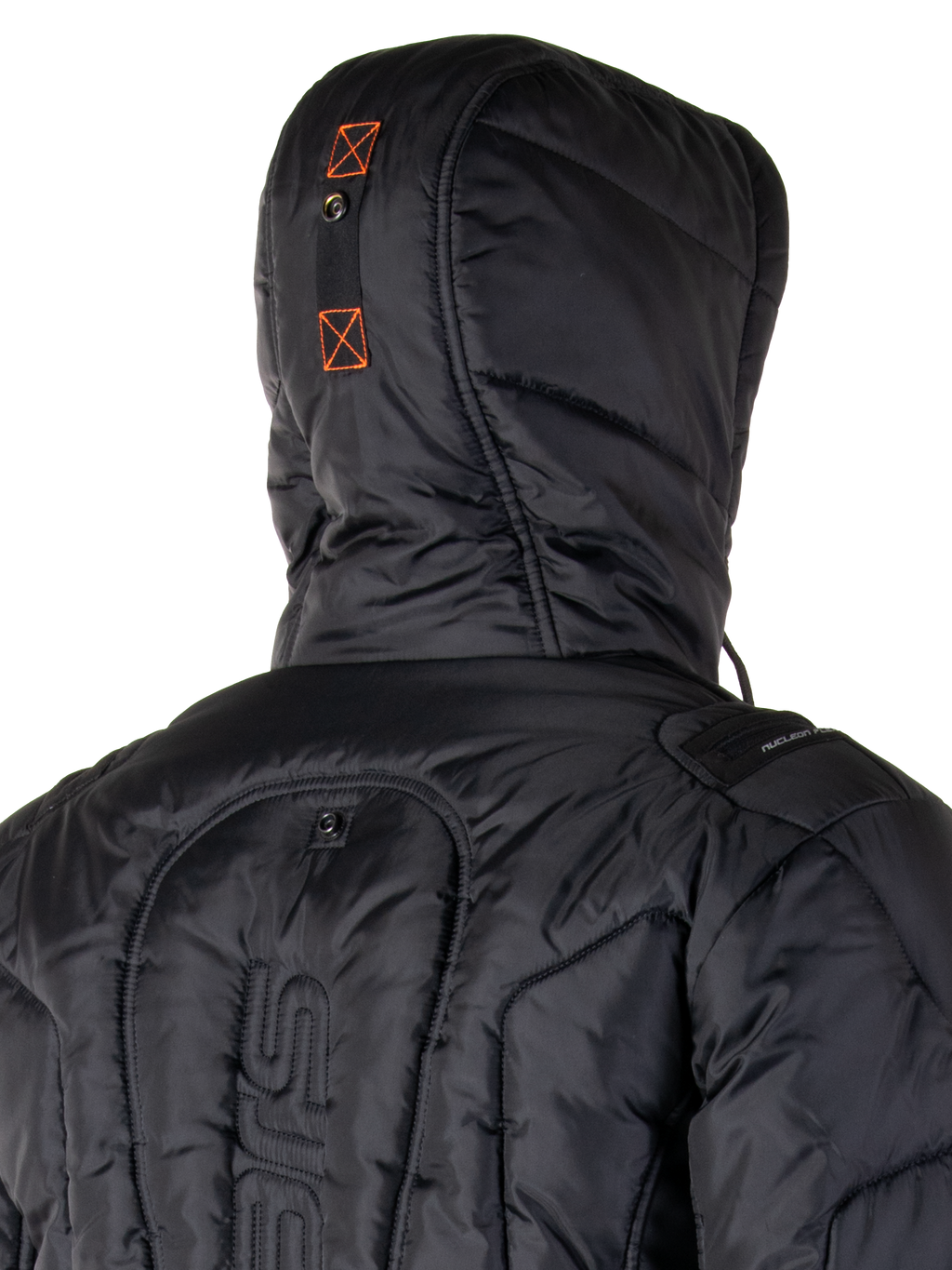 Veste Alpinestars Mohobbs Waterproof, blouson aviateur de moto rembourré, noir et orange fluo, texture matelassée avec isolation rembourrée, comprend une capuche et une fermeture éclair frontale, style streetwear urbain contemporain pour la conduite