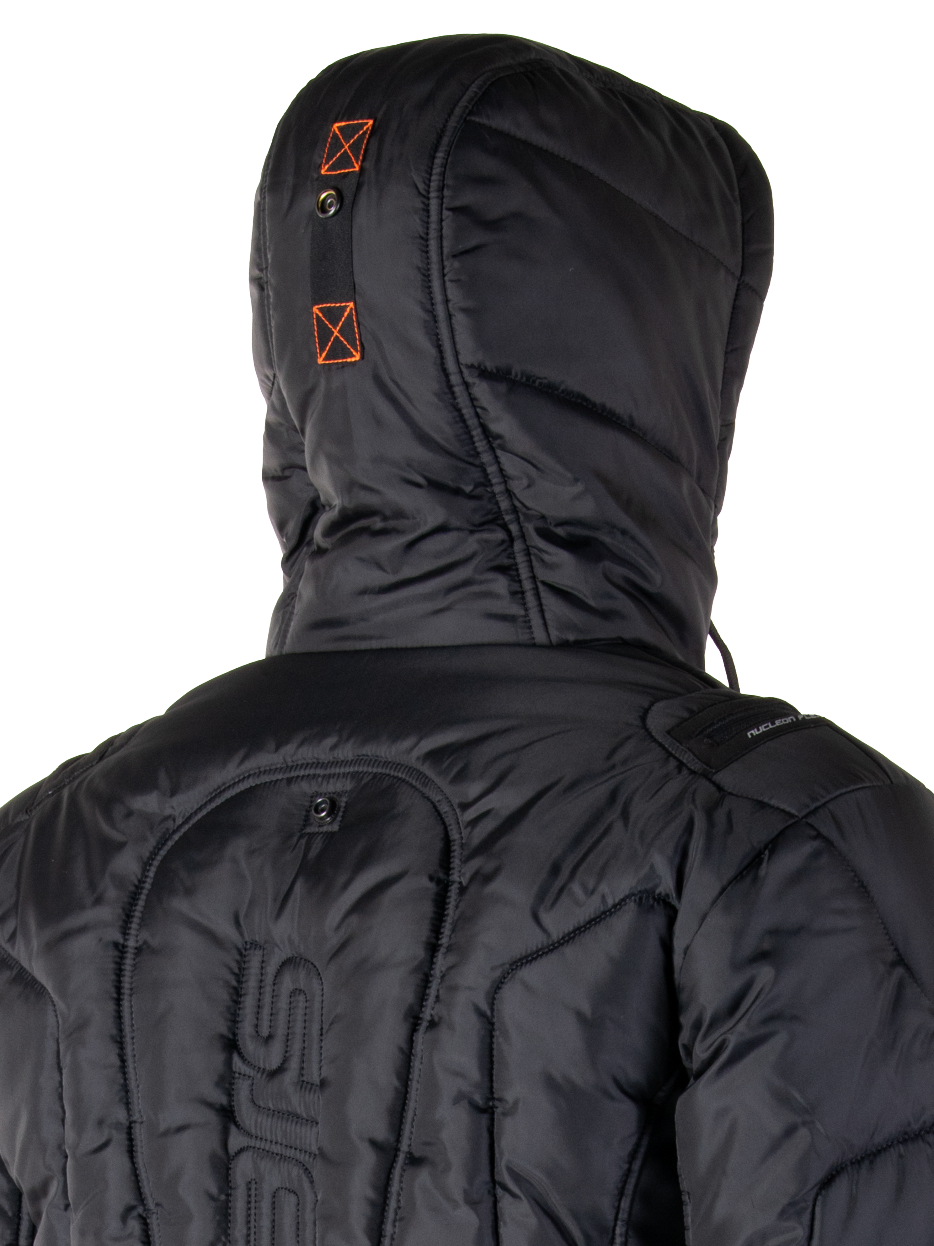 Veste Alpinestars Mohobbs Waterproof, blouson aviateur de moto rembourré, noir et orange fluo, texture matelassée avec isolation rembourrée, comprend une capuche et une fermeture éclair frontale, style streetwear urbain contemporain pour la conduite