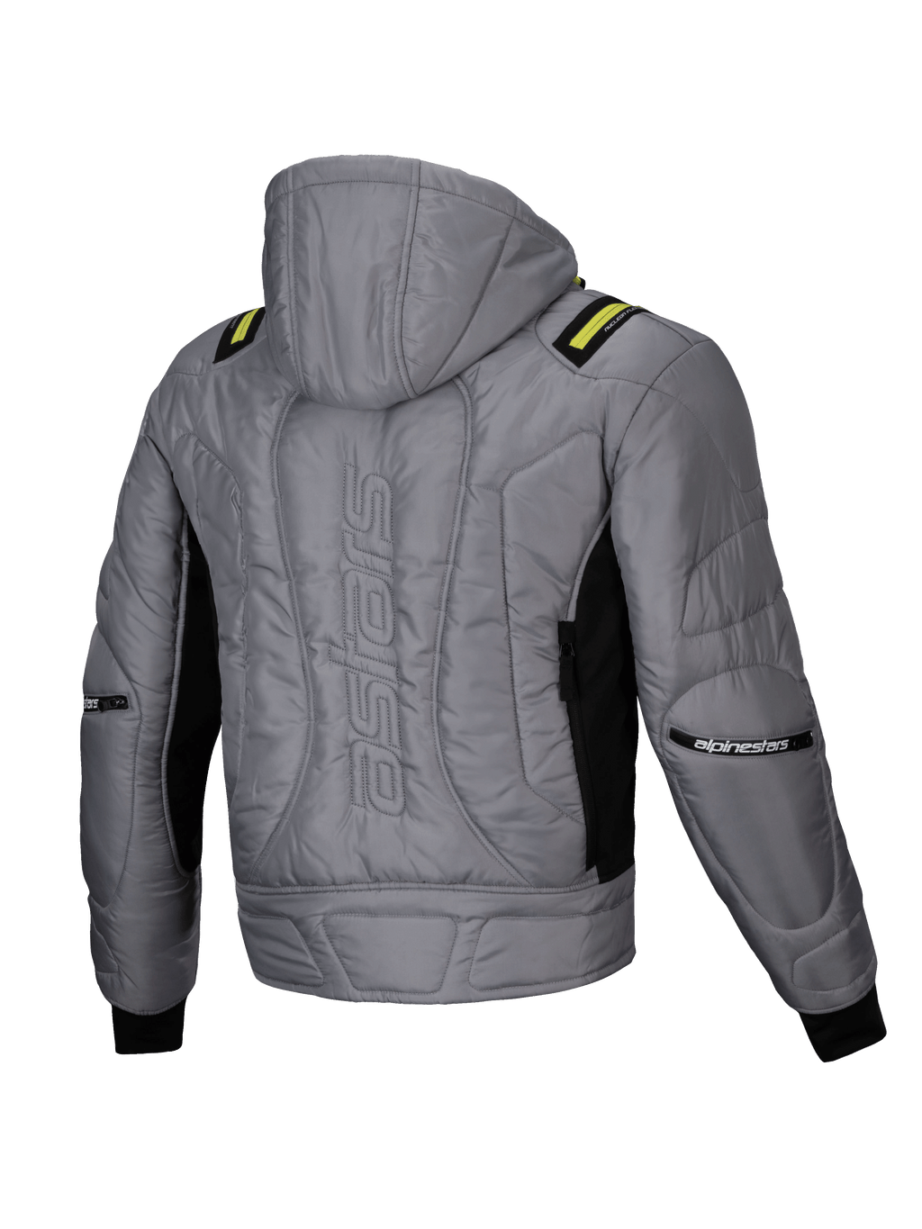 Alpinestars Veste Imperméable Mohobbs, veste de moto urbaine pour homme, grise et jaune, vue de dos avec capuche et logo astars