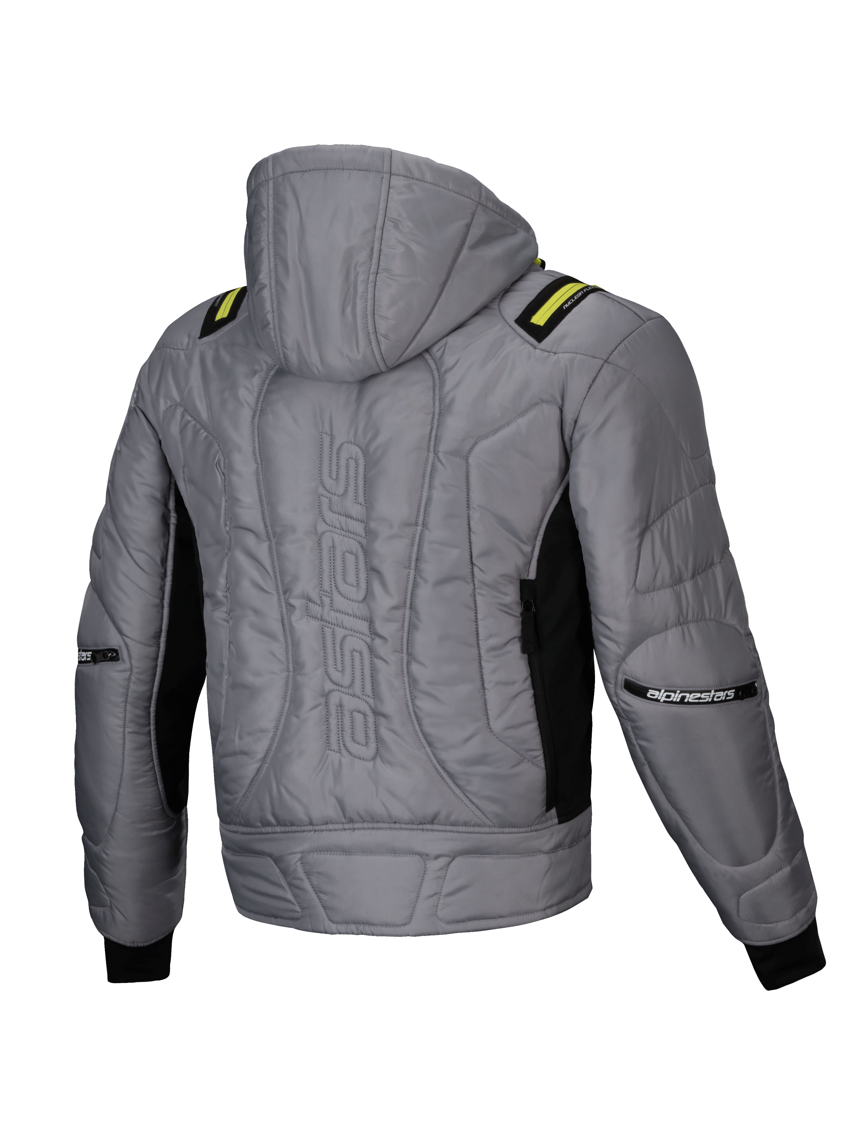 Alpinestars Veste Imperméable Mohobbs, veste de moto urbaine pour homme, grise et jaune, vue de dos avec capuche et logo astars