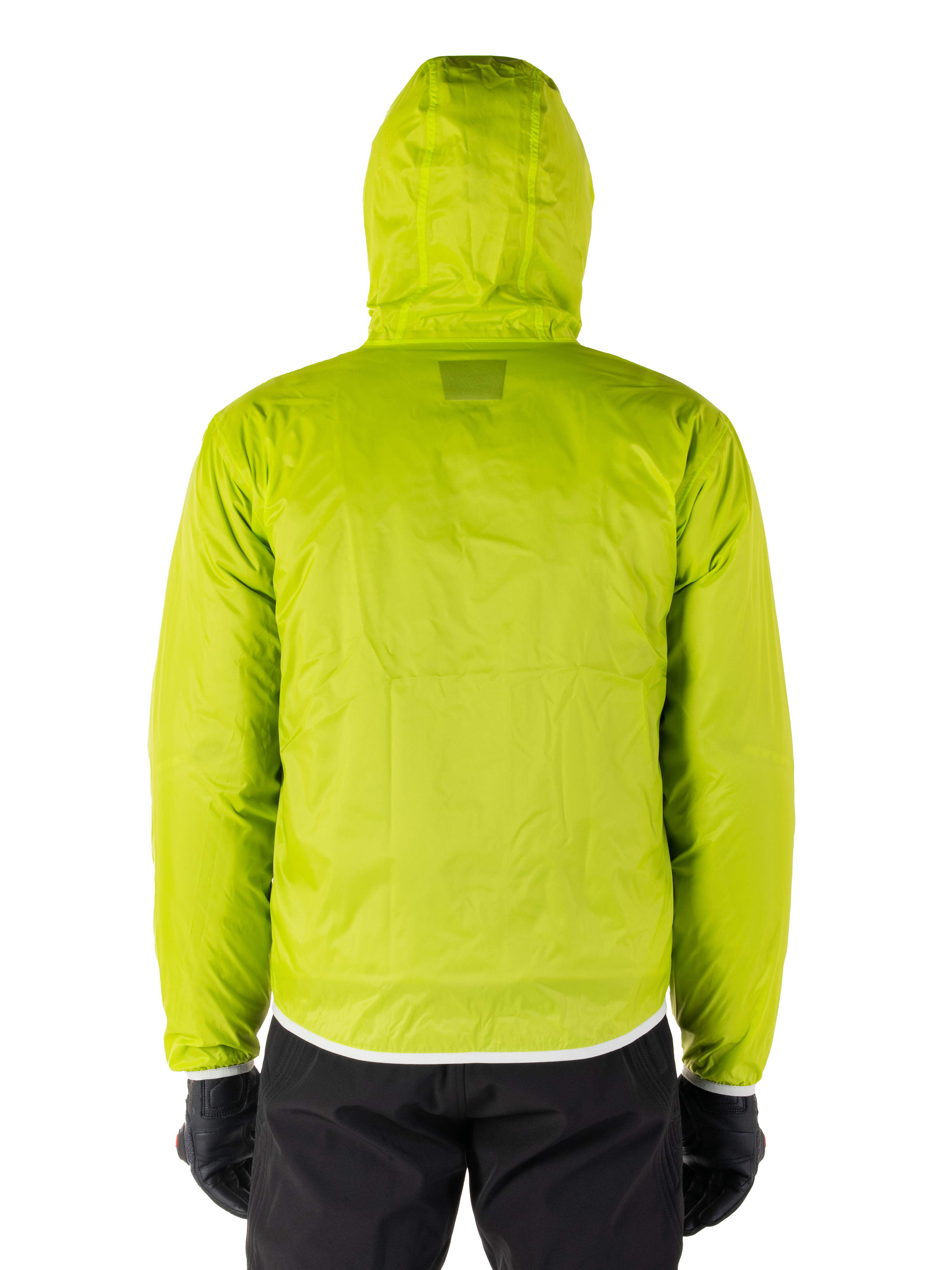 Alpinestars Mohobbs Waterproof Jacket, Lime Punch packable raincover, bright lime green hooded jacket, back view, worn with black pants and gloves, waterproof moto streetwear