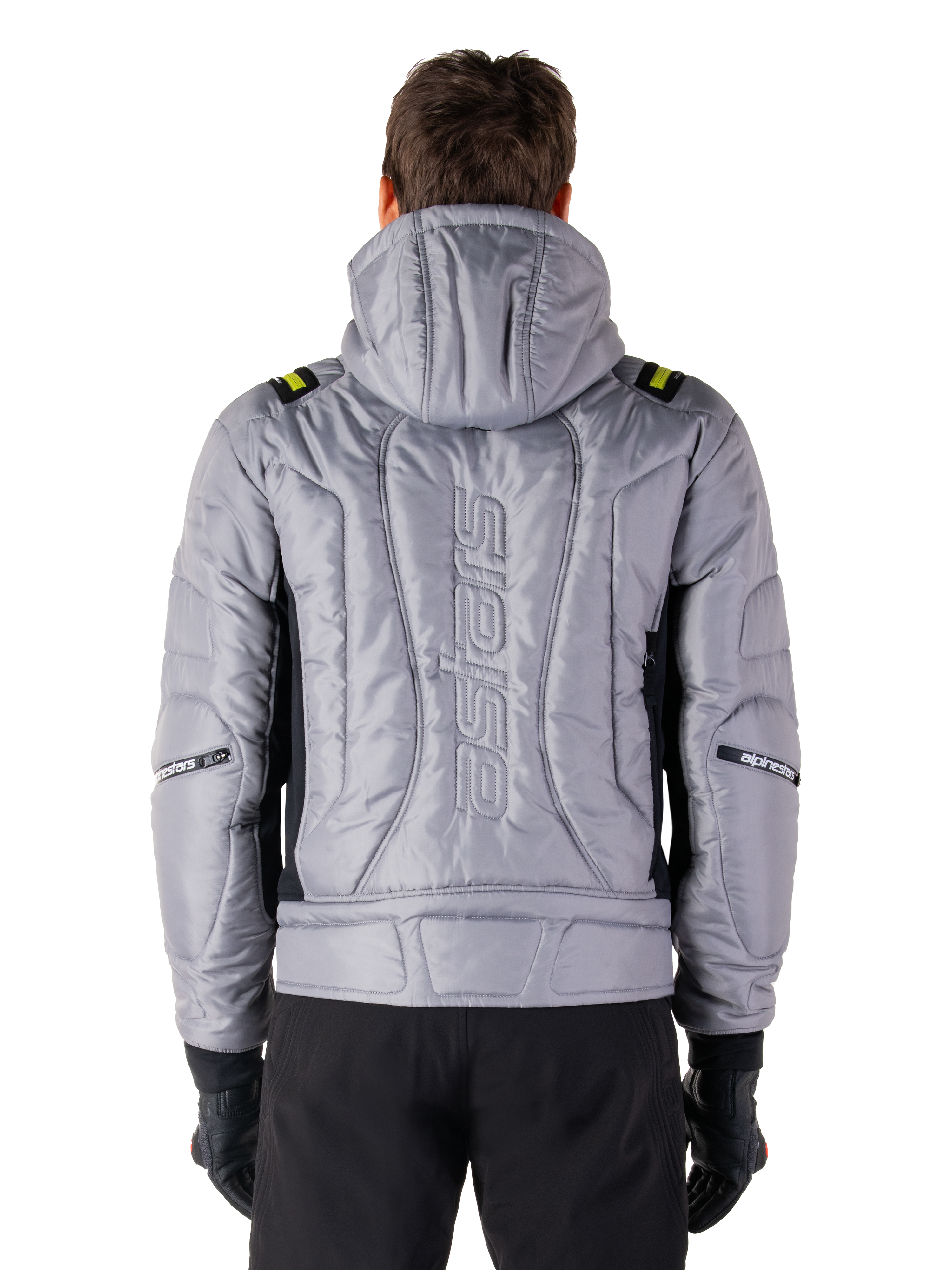 Alpinestars Mohobbs Waterproof Jacket, back view, Lunar Gray with Lime Punch accents, quilted padded construction with vertical astars wordmark, hooded bomber style for urban motorcycle riding
