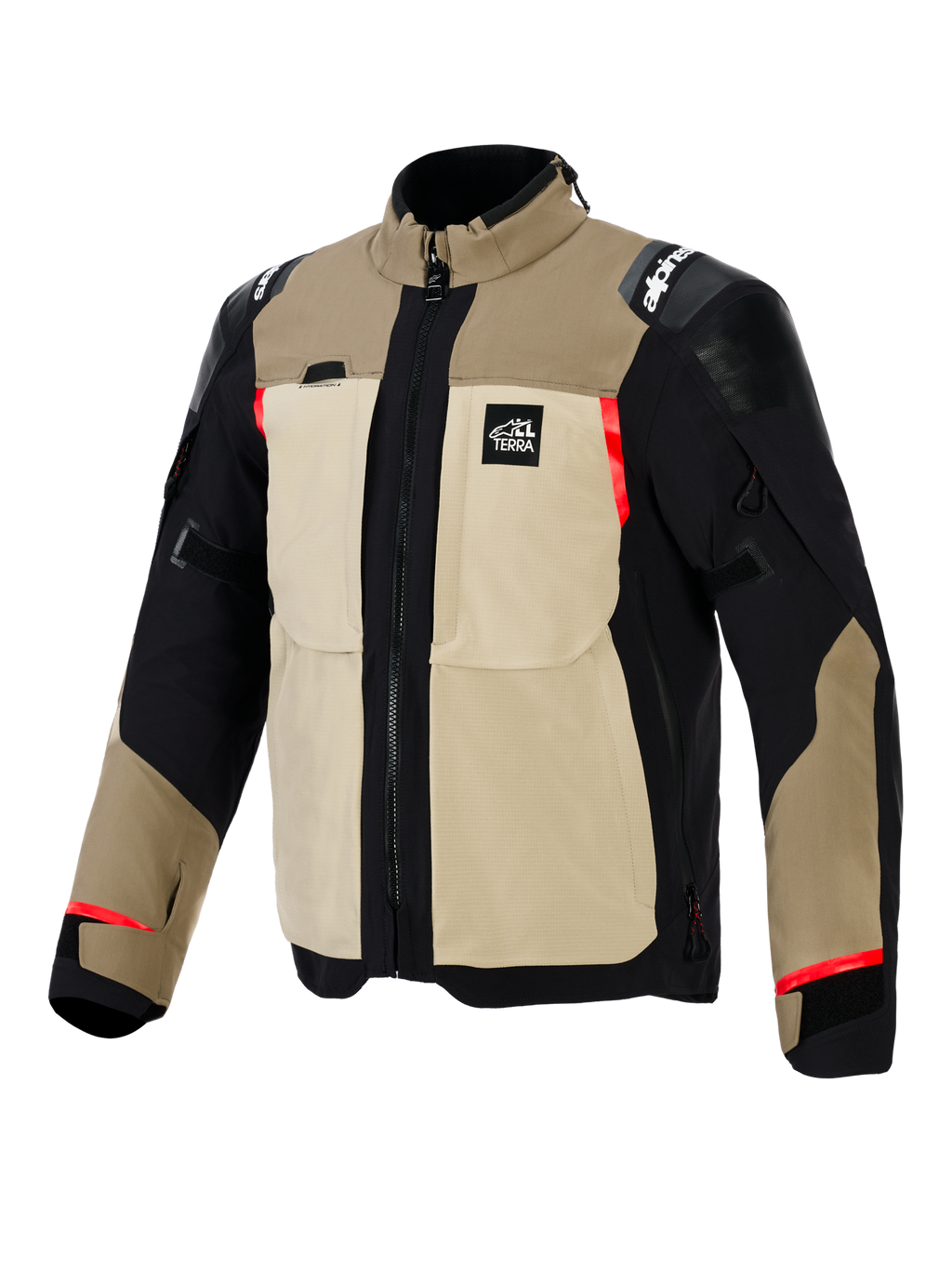 Veste Alpinestars Andes Pro Drystar® XF, veste de moto d'aventure, coloris Noyer et Aluminium, construction textile beige et noire avec des touches de rouge, dotée de grandes poches utilitaires sur la poitrine, du logo 'All Terra' et d'empiècements renforcés aux épaules.