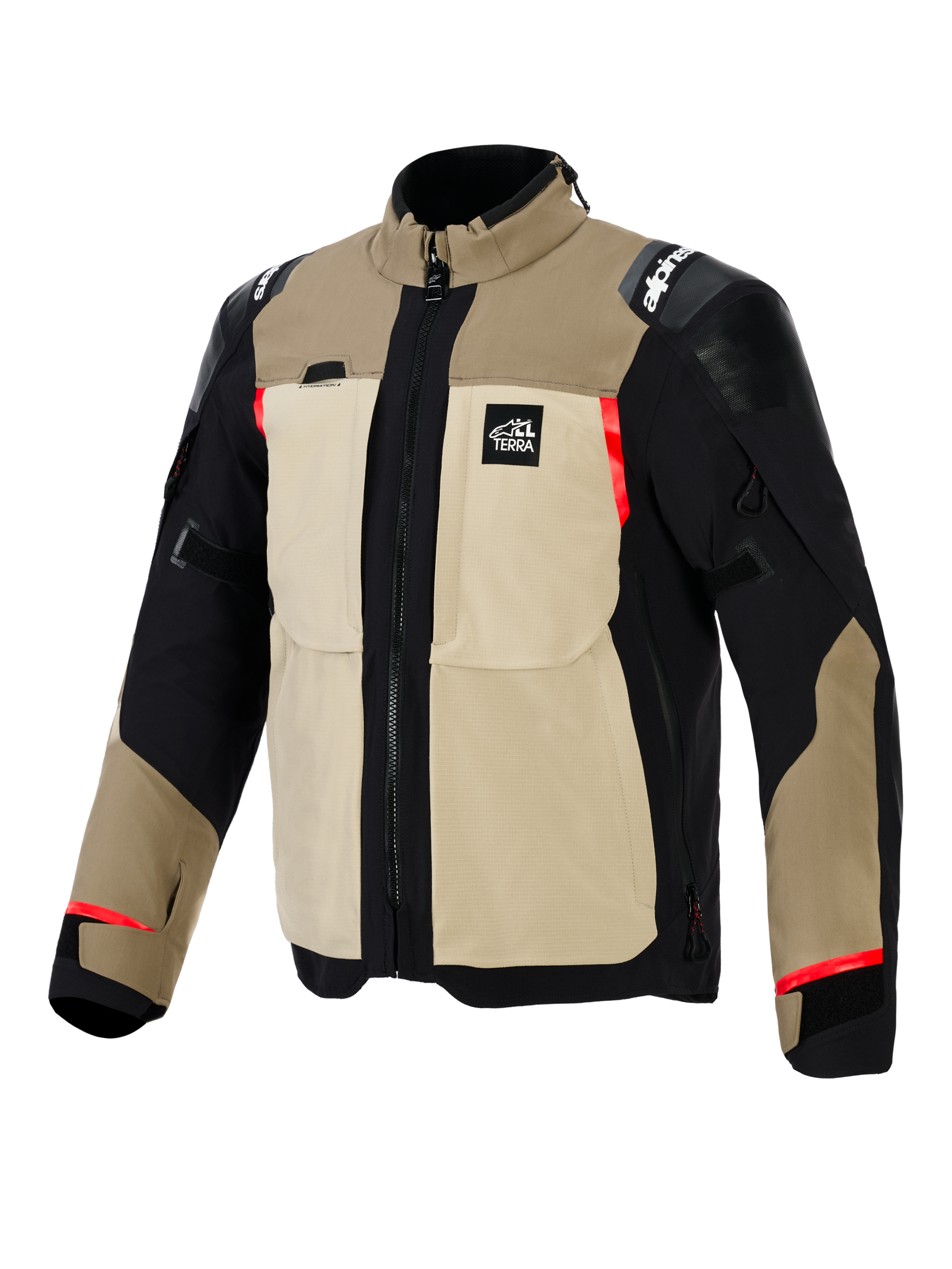 Veste Alpinestars Andes Pro Drystar® XF, veste de moto d'aventure, coloris Noyer et Aluminium, construction textile beige et noire avec des touches de rouge, dotée de grandes poches utilitaires sur la poitrine, du logo 'All Terra' et d'empiècements renforcés aux épaules.
