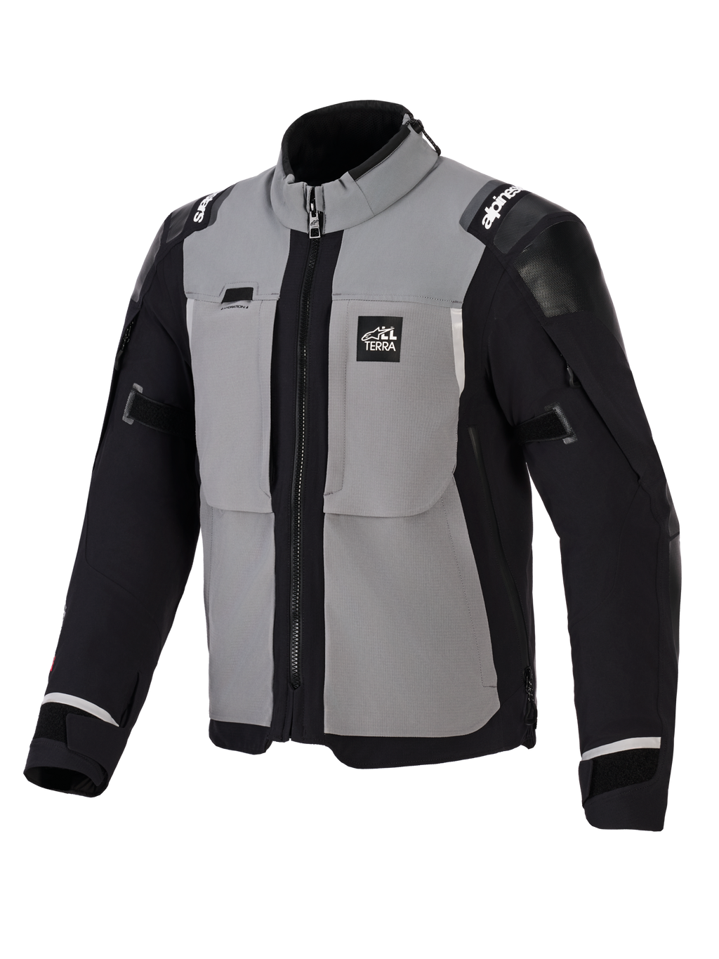 Veste Alpinestars Andes Pro Drystar® XF, veste de moto d'aventure, gris foncé et noir, dotée de panneaux de poitrine gris avec manches et côtés noirs, marquage 'ALL TERRA' sur la poitrine, logo Alpinestars sur les épaules, construction en textile technique avec fermetures éclair de ventilation et poignets ajustables