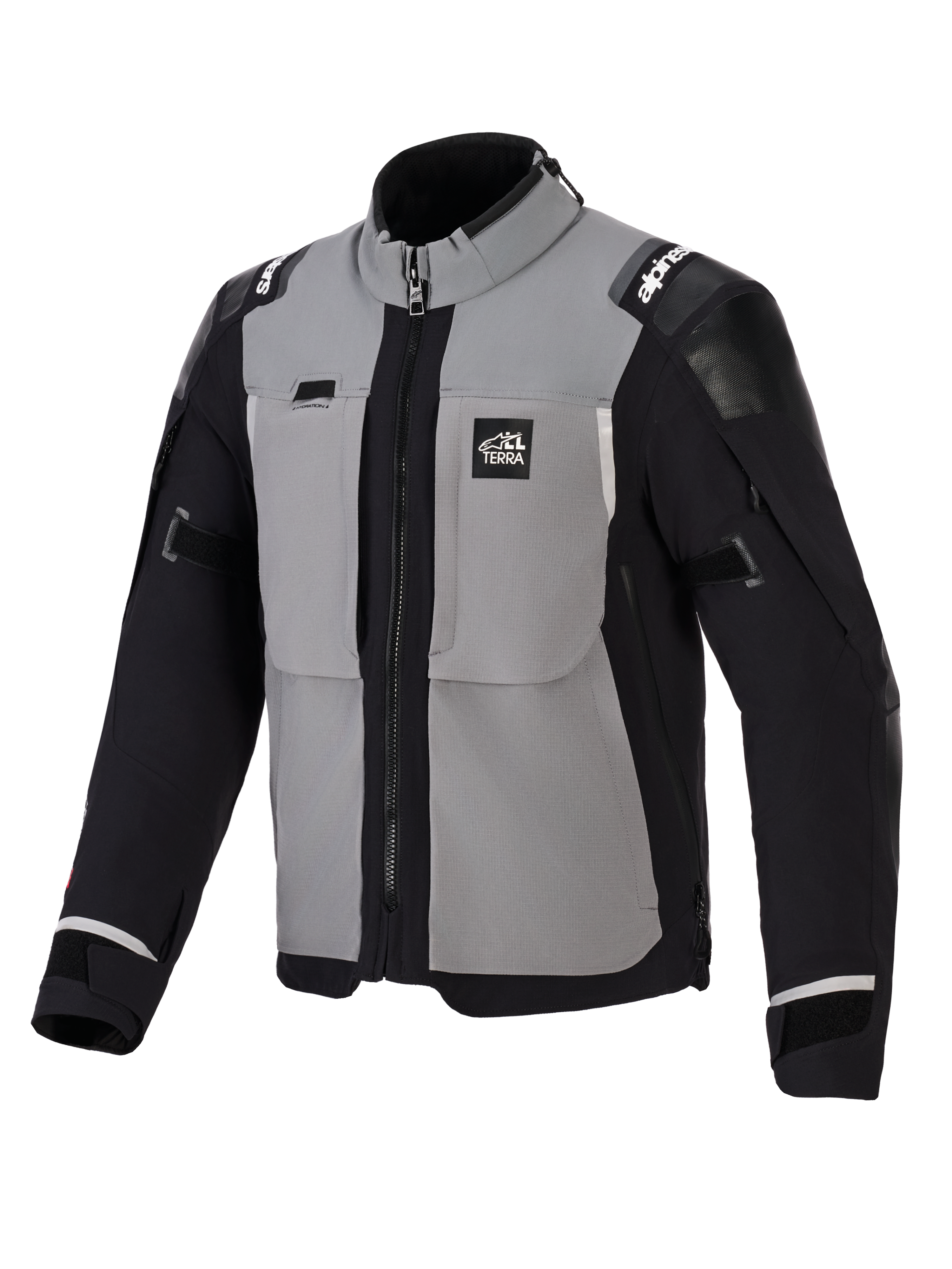 Veste Alpinestars Andes Pro Drystar® XF, veste de moto d'aventure, gris foncé et noir, dotée de panneaux de poitrine gris avec manches et côtés noirs, marquage 'ALL TERRA' sur la poitrine, logo Alpinestars sur les épaules, construction en textile technique avec fermetures éclair de ventilation et poignets ajustables