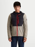 Alpinestars Therma-Tech Waterproof Jacket, men's urban contemporary motorcycle jacket in black and vetiver, front view on a model wearing the insulated textile jacket with a hood and red zipper accents.