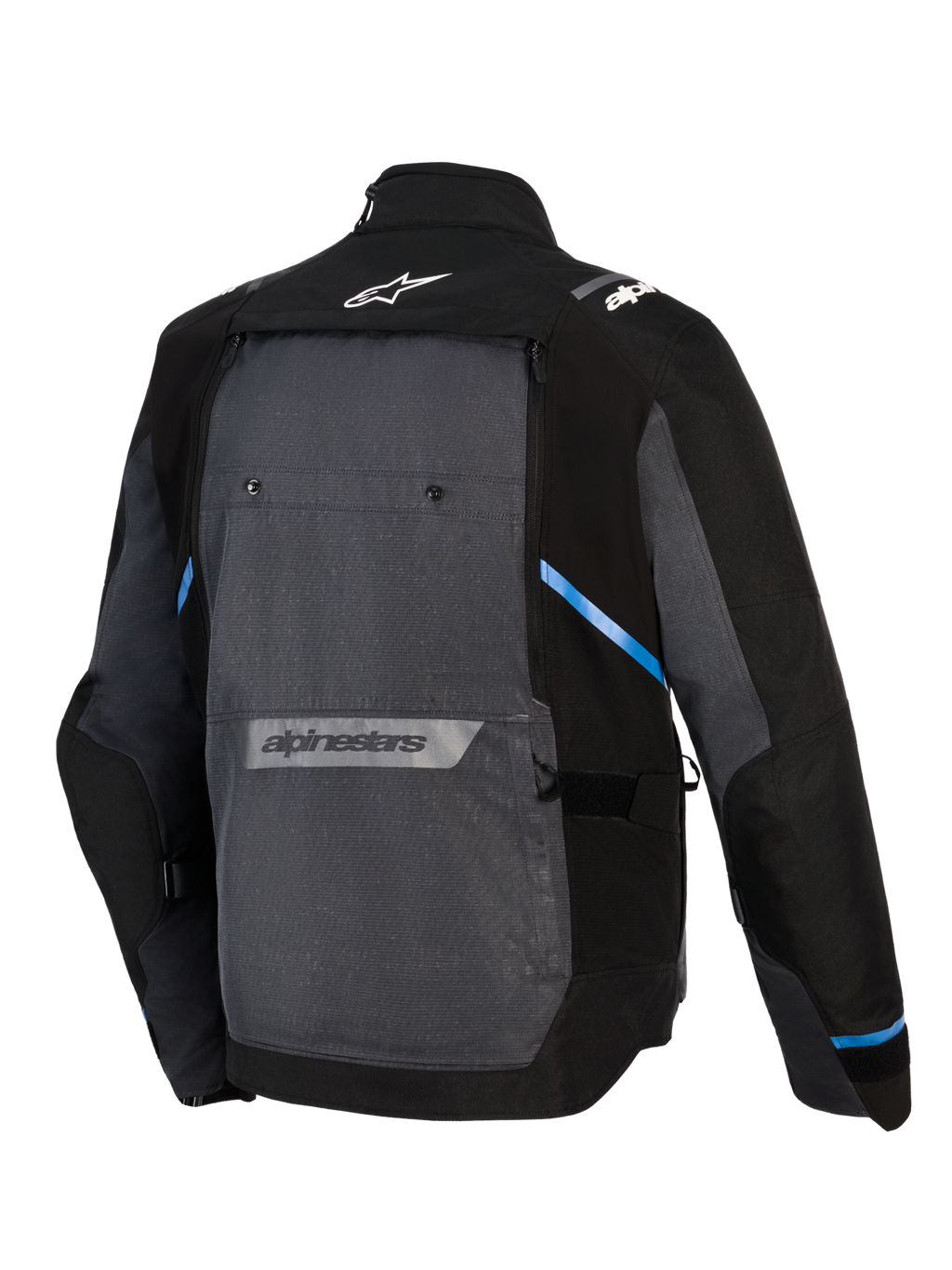 Alpinestars Cusco Drystar® Jacket, Adventure Touring Motorcycle Jacket, Black and Deep Gray, back view showing large gray rear panel, blue accents, Alpinestars logos on the upper and lower back, and durable ripstop textile construction