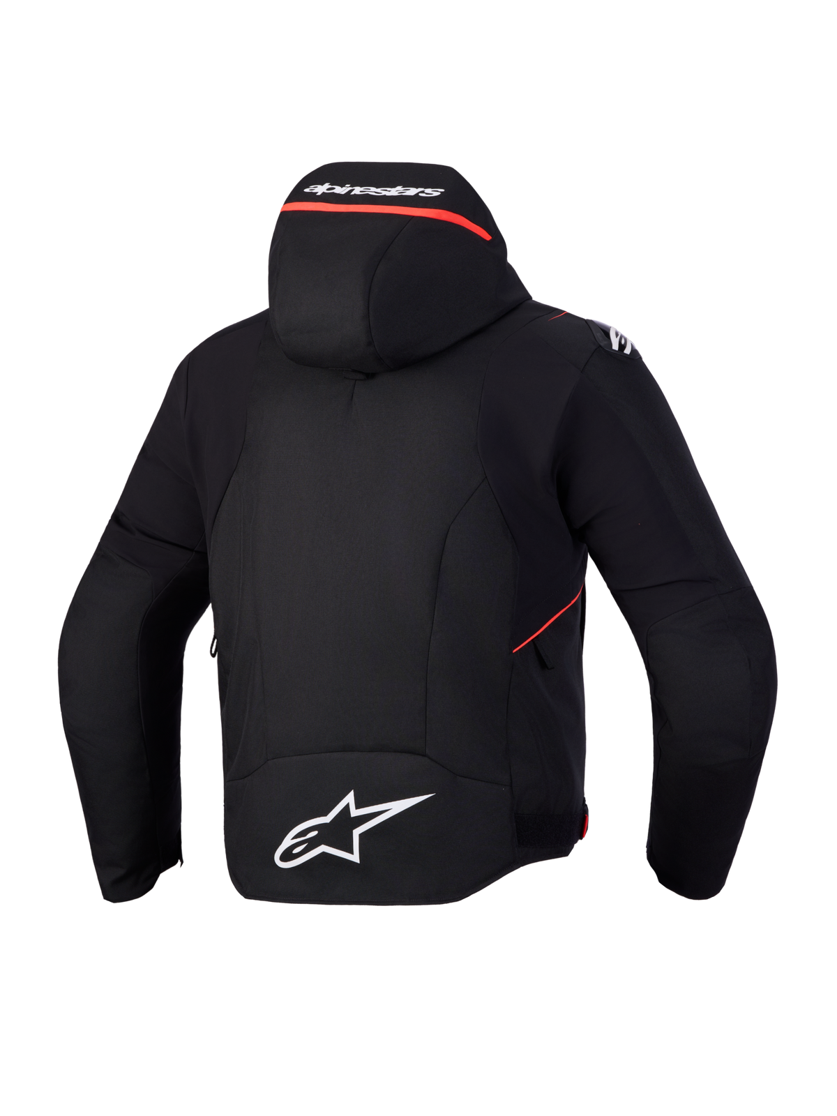 Alpinestars Zaca V2 Waterproof Jacket, veste de moto sport imperméable, vue de dos mettant en valeur la capuche intégrée et les détails du logo blanc, noire et rouge fluo, construction textile certifiée CE