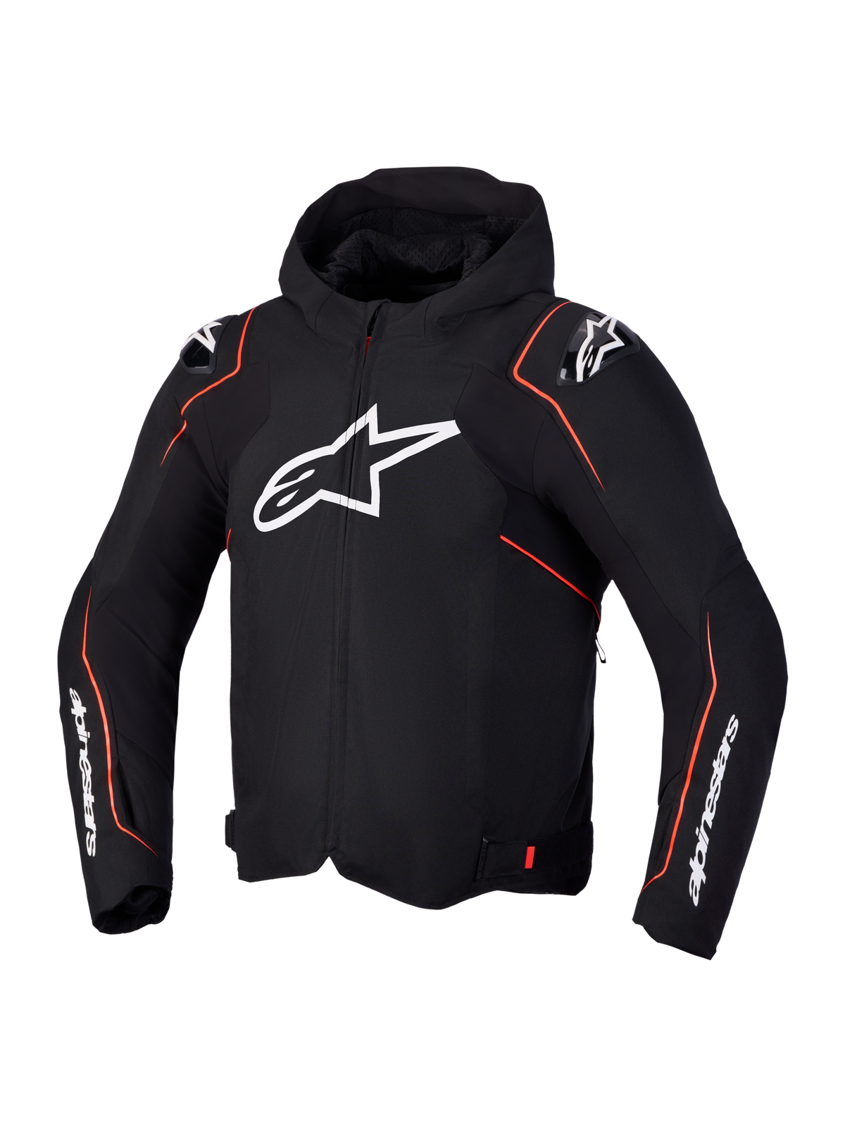 Alpinestars Zaca V2 Waterproof Jacket, veste de moto sport imperméable noire et rouge fluo avec logo graphique blanc, cagoule intégrée et protections d'épaules
