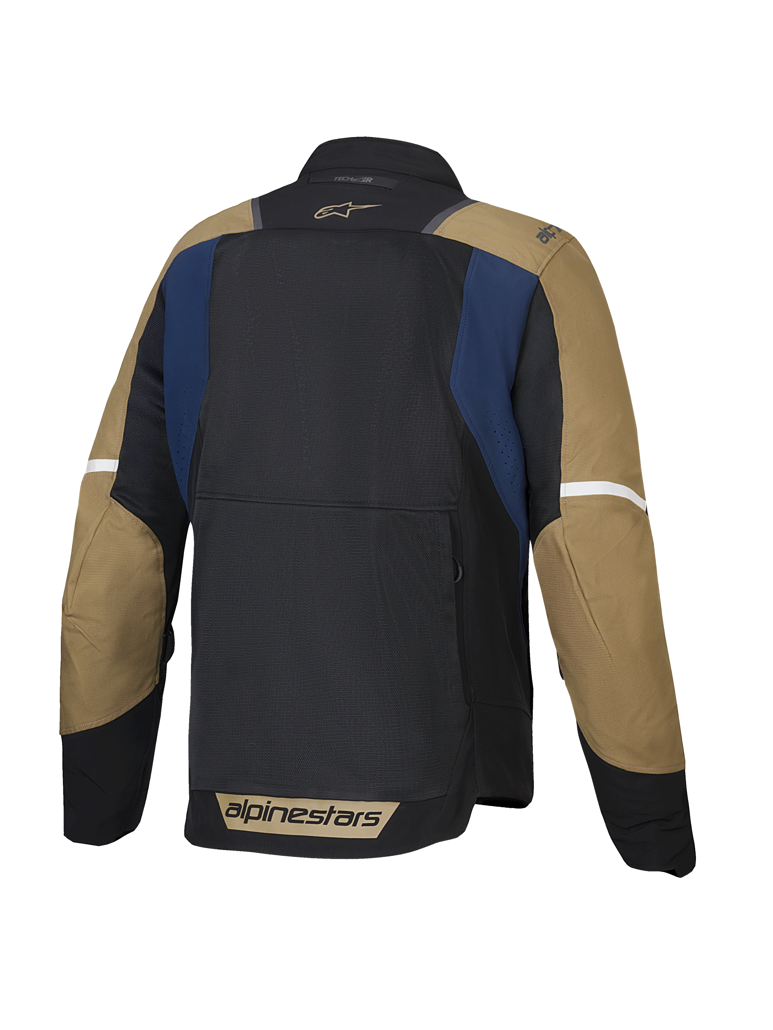 Alpinestars Veste ST-2 Air, blouson de moto touring d'été pour homme, vue de dos montrant les panneaux en mesh ventilé et le bas du dos allongé, bleu, kaki foncé et noir, certifié CE Classe AA et compatible Tech-Air