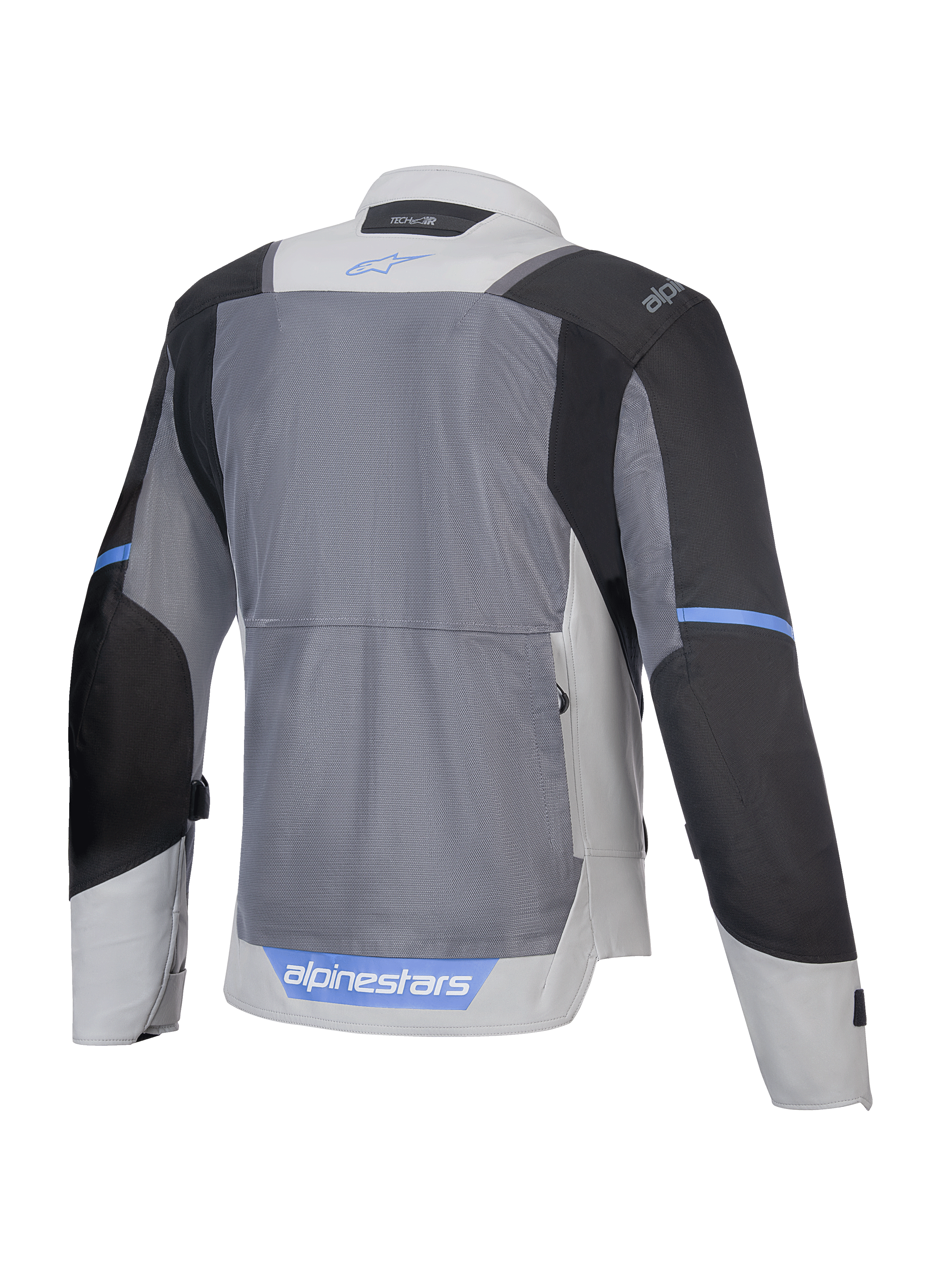 Alpinestars Veste Air ST-2, veste de moto touring, vue de dos montrant les panneaux en mesh respirant, gris glacier, gris foncé et noir, certifiée CE Classe AA, Tech-Air ready