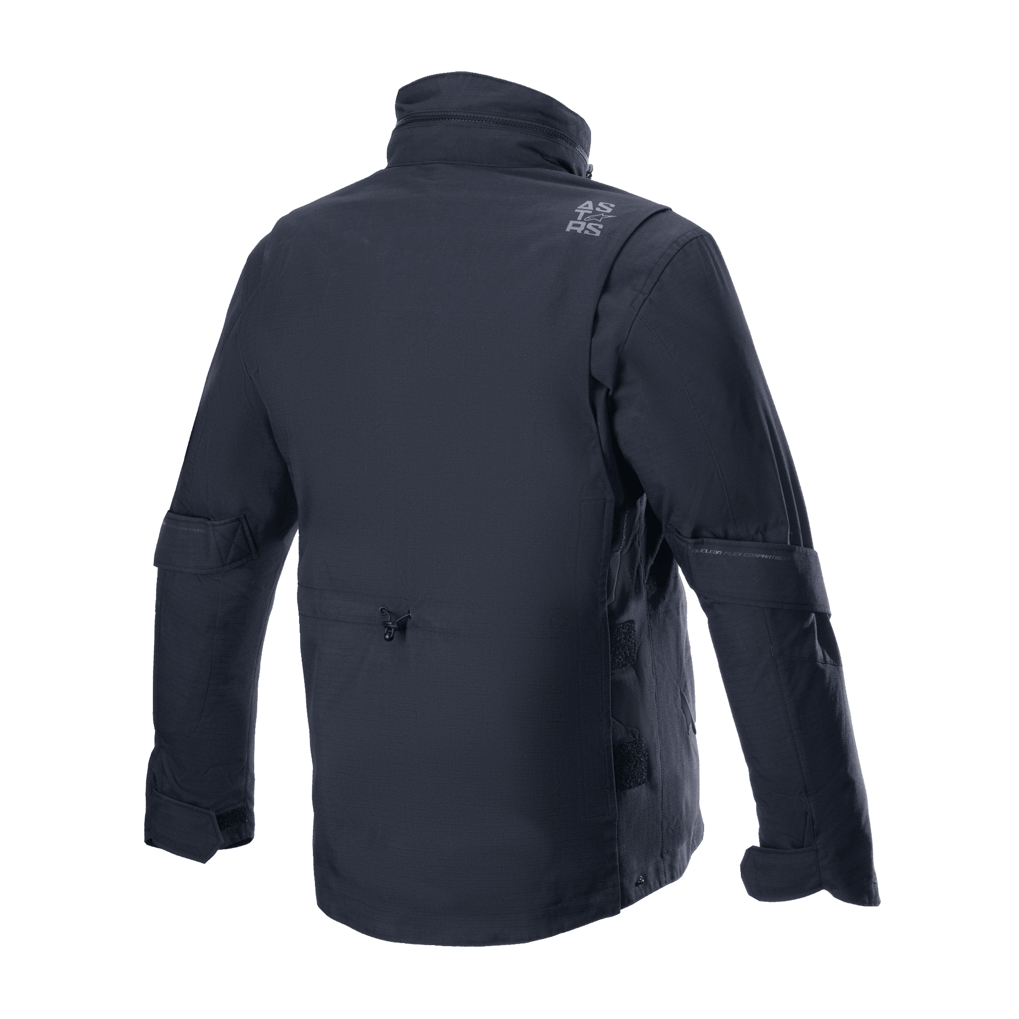 Veste Alpinestars MO.ST.EQ Field Waterproof Primaloft, noire, vue arrière, veste de moto contemporaine d'inspiration streetwear avec construction en textile ripstop, col montant et logo gris discret sur l'épaule.